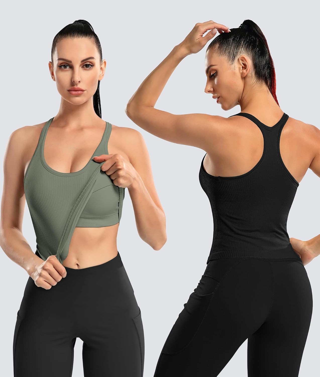 ATTRACO 2 Pack Ribbed Workout Tank Top with Built in Bra Women Seamless Cropped Racerback Yoga Tops Tight Fit - Image 2