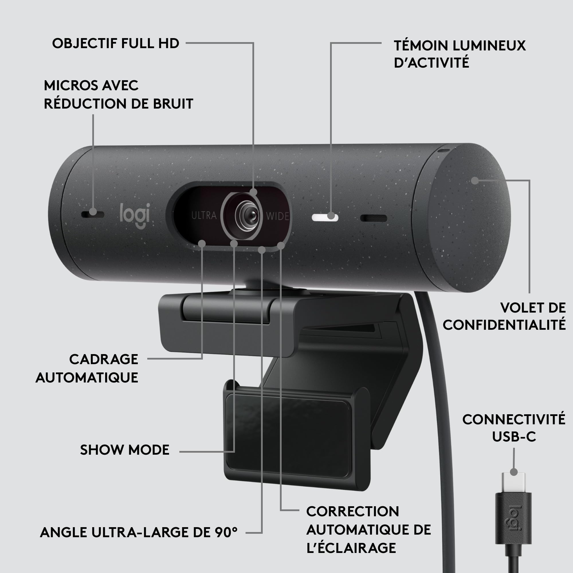 Logitech Brio 505 Webcam Full HD, Correction Automatique de l'éclairage, Cadrage Automatique, 2 micros Anti-Bruit, Volet de confidentialité - Gris