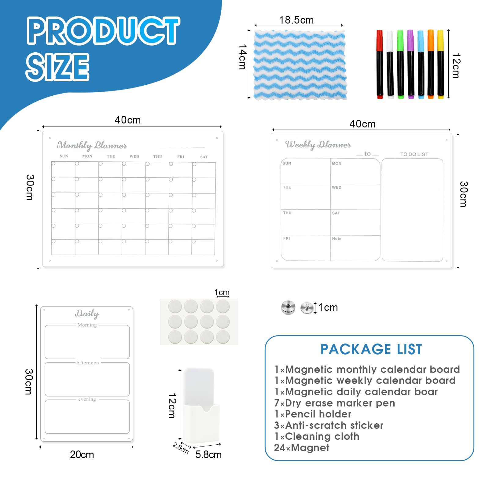 ZOCONE 3PCS Acrylic Calendar for Fridge Clear to Do List (15.75x11.8in2+11.8x7.8in1) Magnetic Fridge Planner for Kitchen Office Classroom Meal Planner Refrigerator Weekly with Pens and Holder, Towel - Image 2