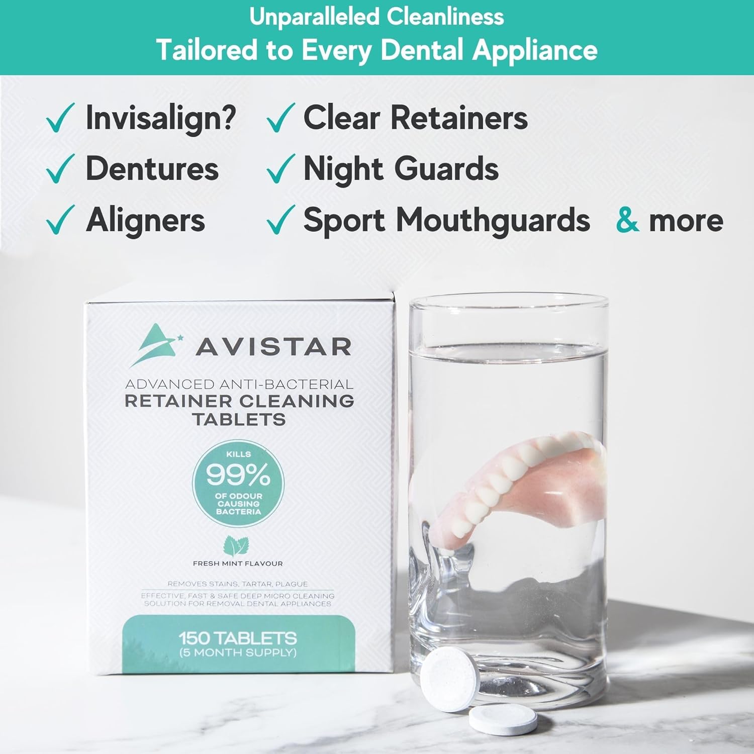 Avistar Extra Strong Denture Adhesive Cream (3 Pack, 4.2 Fl Oz) and Retainer Cleaning Tablets (150 Mint Flavor, 5 Months Supply)