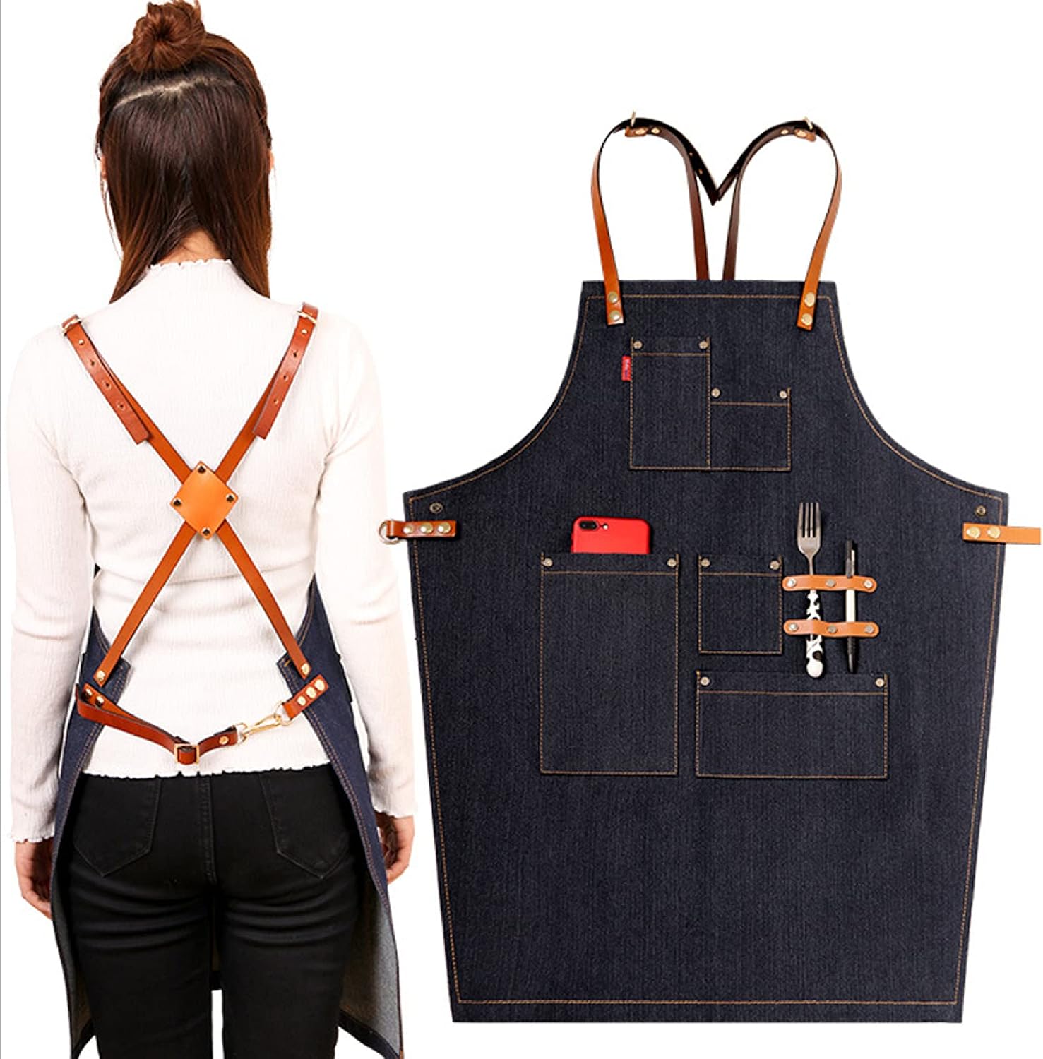 YUANZHOU Cooking Apron,Denim Apron,Suitable for Working Aprons in Restaurants, Hairdressers and Cafes,Black