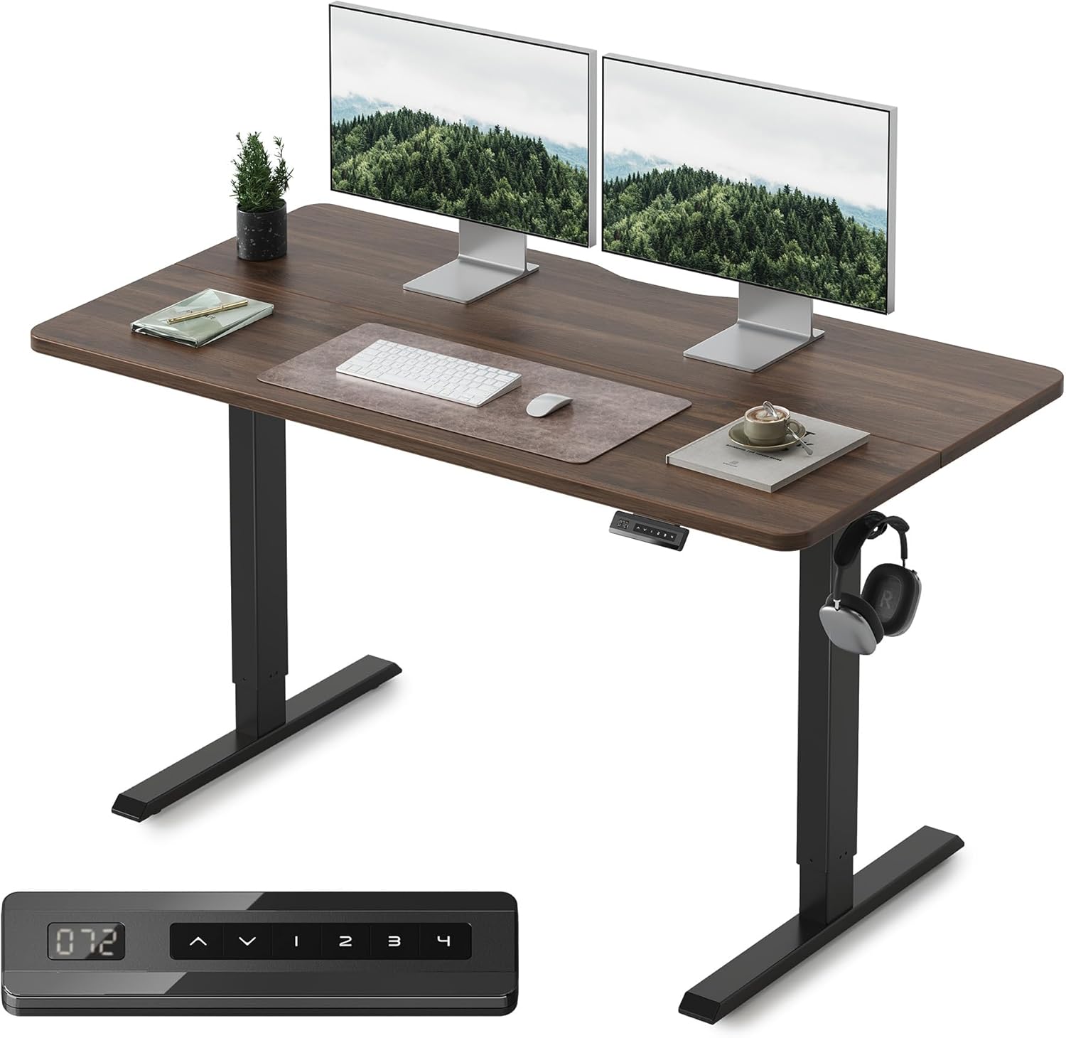 FEZIBO 55 x 24 Inchs Electric Standing Desk, Height Adjustable, Sit Stand Up, Computer Office Desk with Splice Board, Black Frame/Black Walnut Top