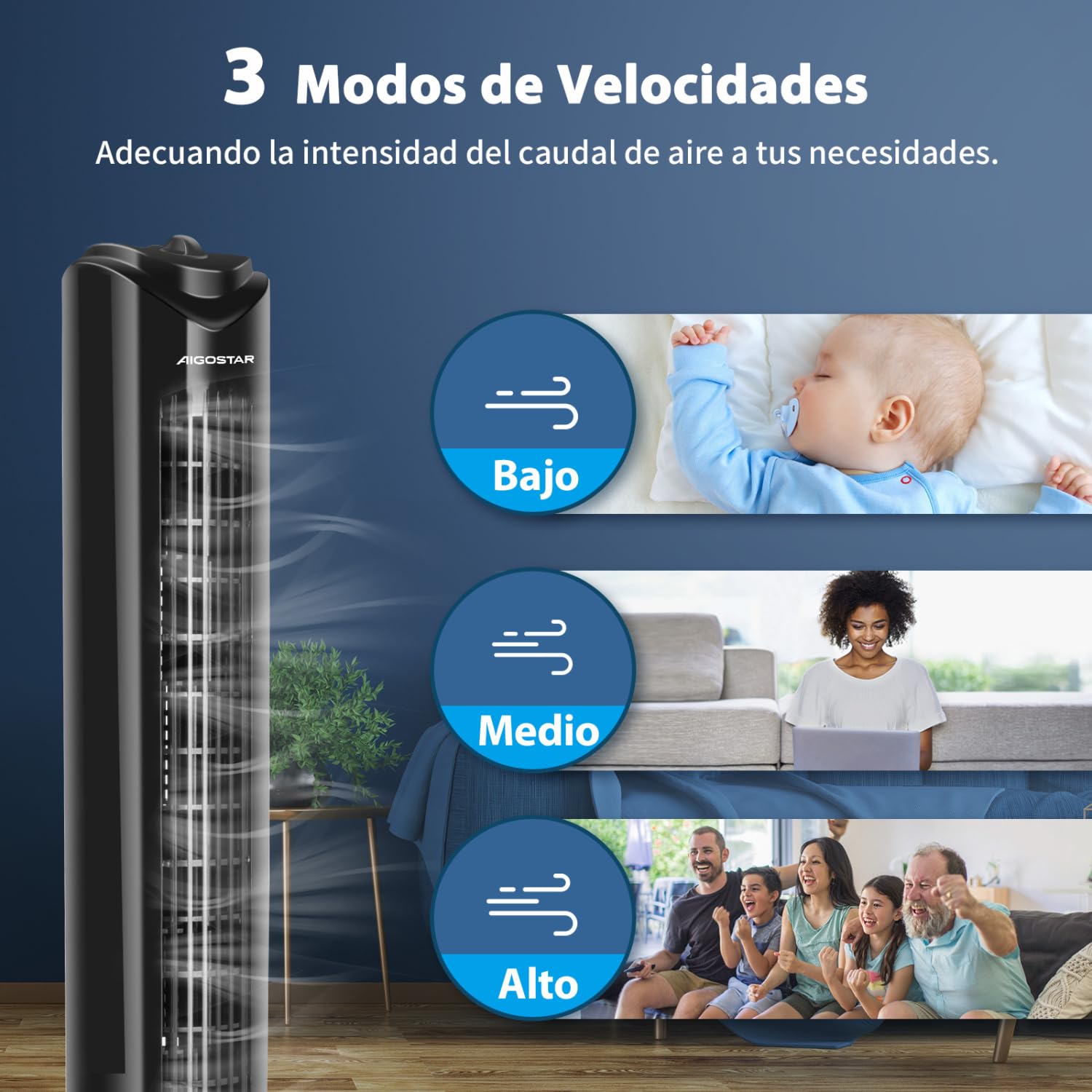 Aigostar Ventilador de Torre, Silencioso, 3 Velocidades, Oscilación de 70º, Temporizador 120 min, 81 cm de Alto, Diseño Compacto, Fácil Instalación, Ventilador de Pie Portátil 45W, Negro