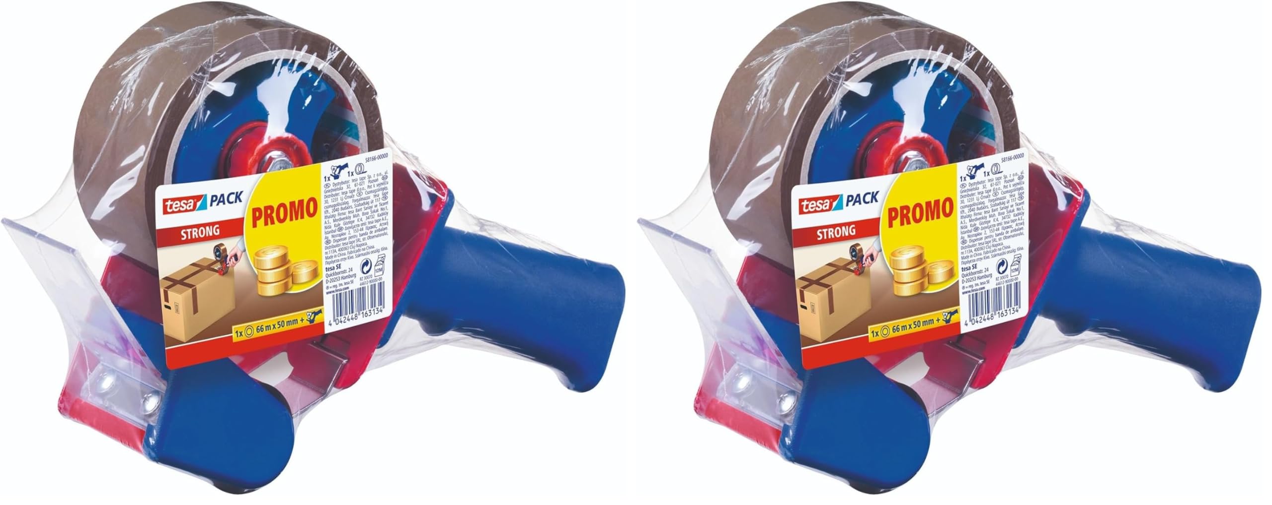 Tesapack Strong und Handabroller im Set mit 1 Rolle geräuscharmem Paketklebeband - Braun - 66 m x 50 mm (Packung mit 2)