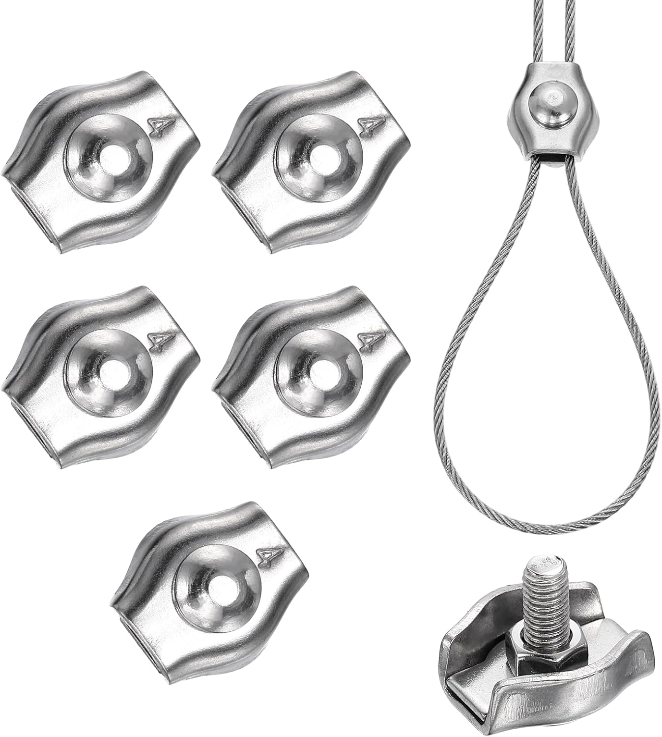 PATIKIL 6 Pcs Stainless Steel Single Wire Rope Clips, M5 Single Bolt Cable Clips Clamp for 1/8 Inch Diameter Wire Rope for Rigging Tent Guard Railing System, Silver