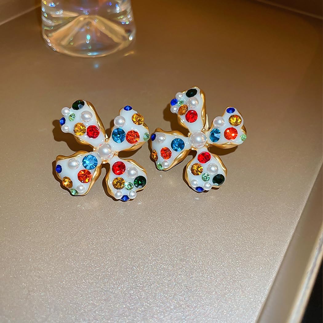 Gold Pearl Flower Statement Earrings for Women Bohemia Vintage Rhinestone Floral Petal Clip On Earrings Colourful Large Flower Earrings Charm Jewelry - Image 6