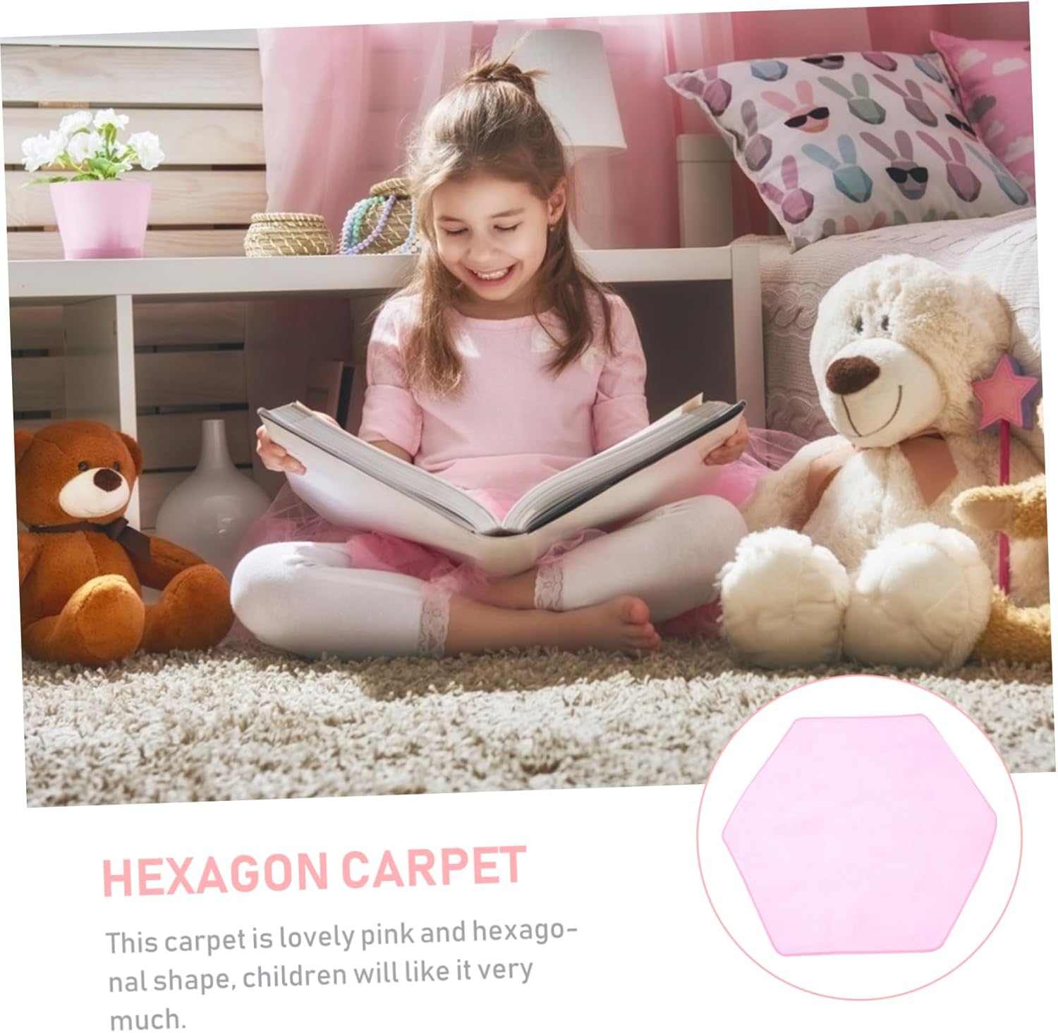 Hexagonal Floor Mat Non Slip Cushion Pink Rug for Playroom Nursery Safe Soft Carpet for Play Area