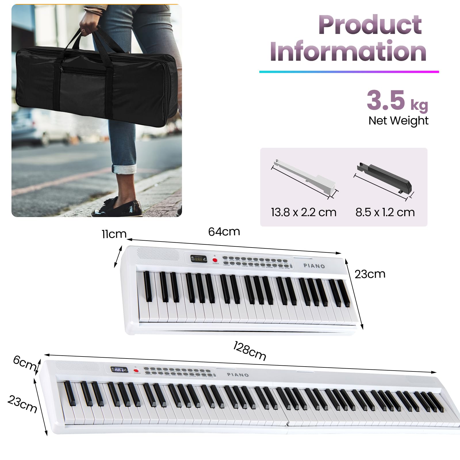 KOMFOTTEU Piano Numérique 88 Touches, MIDI sans Fil, Double Haut-parleurs, Pianos Électroniques, Clavier semi-lesté, 1000 Sonorités & Rythmes, Piano Numérique pliable avec Sac de Transporter (Noir)