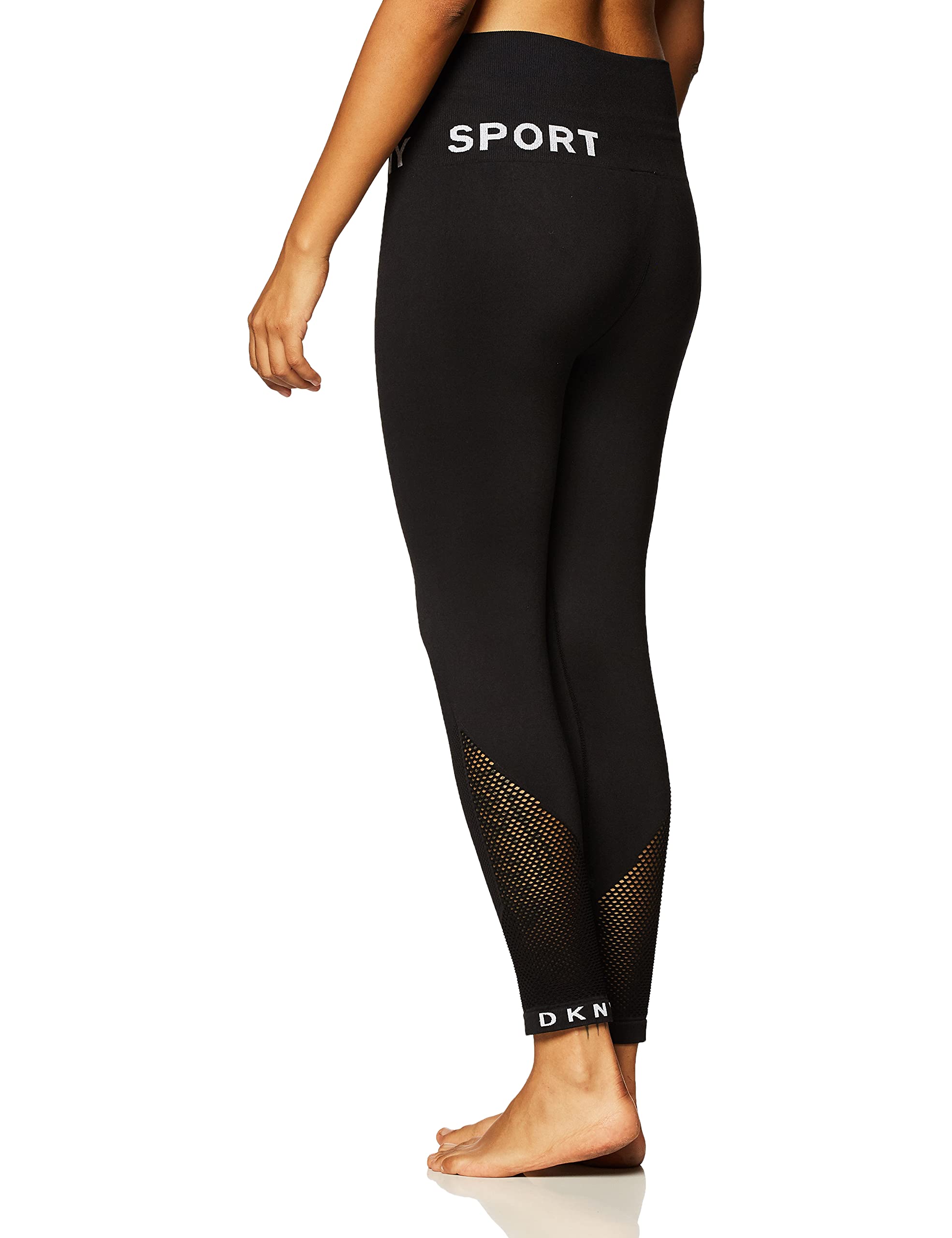 DKNY Women's Tummy Control Workout Yoga Leggings, Black Seamless Tight with White Logo, L