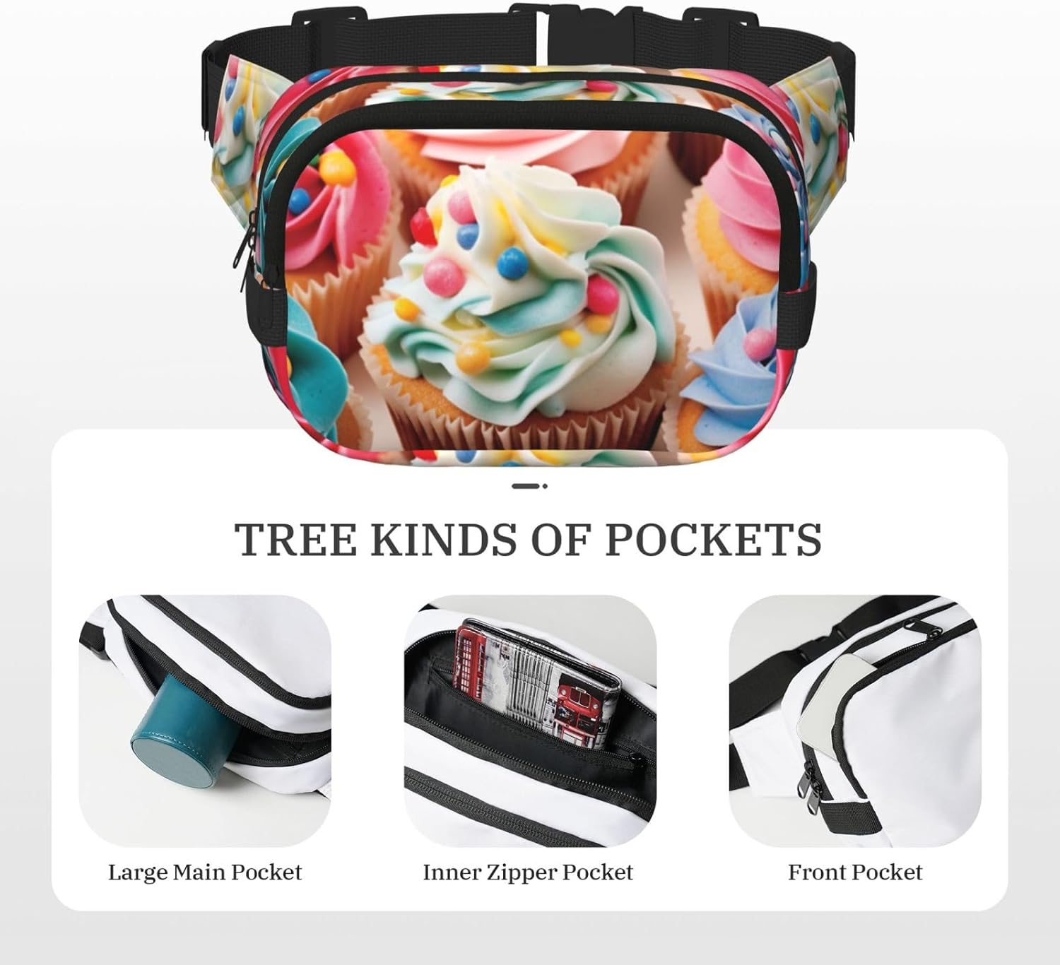 Birthday Cupcakes Fanny Pack Adjustable Crossbody Bag Large Waist Bag Travel Belt Bag Unisex Bum Bag