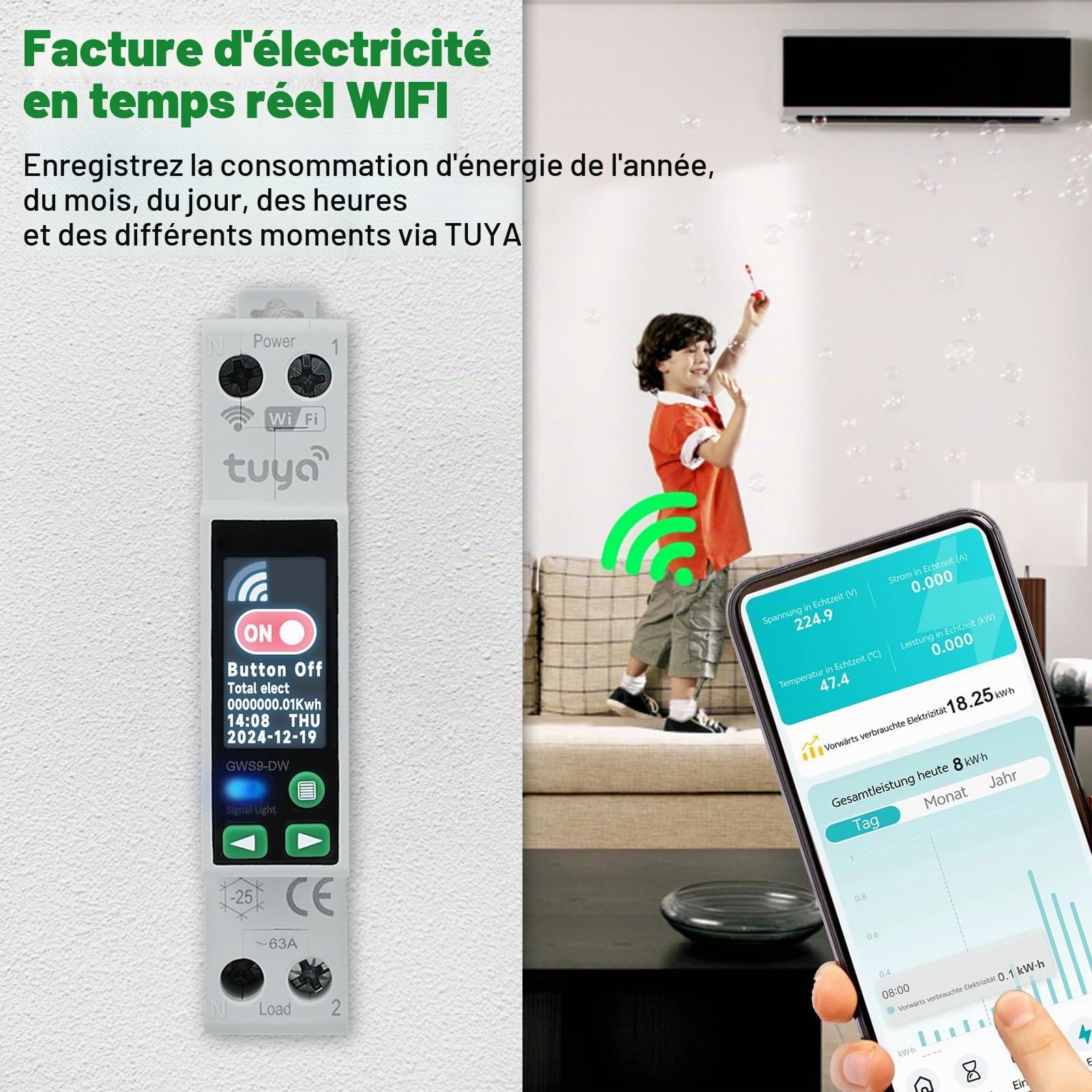 Disjoncteur 40A tuya wifi compteur electrique circuit breaker wifi interrupteur minuterie 90-240V AC 1P+N interrupteur à distance avec protection contre les surtensions etc (avec indicateur LED)