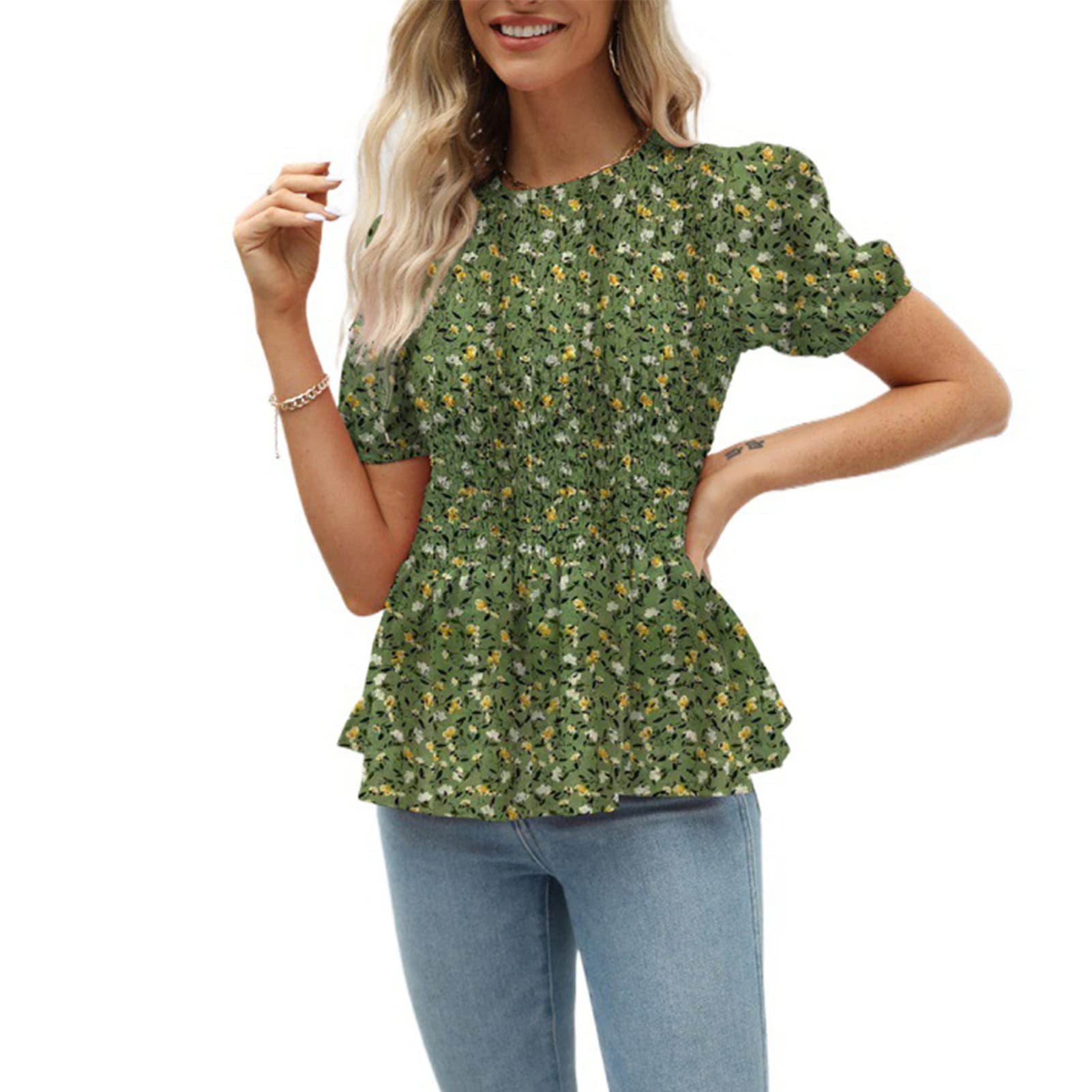 Shirred Floral Blouse, Ruffle Hem Round Neck Slim Tunic Short Sleeved Crewneck Shirred Blouse for Outdoor (L)