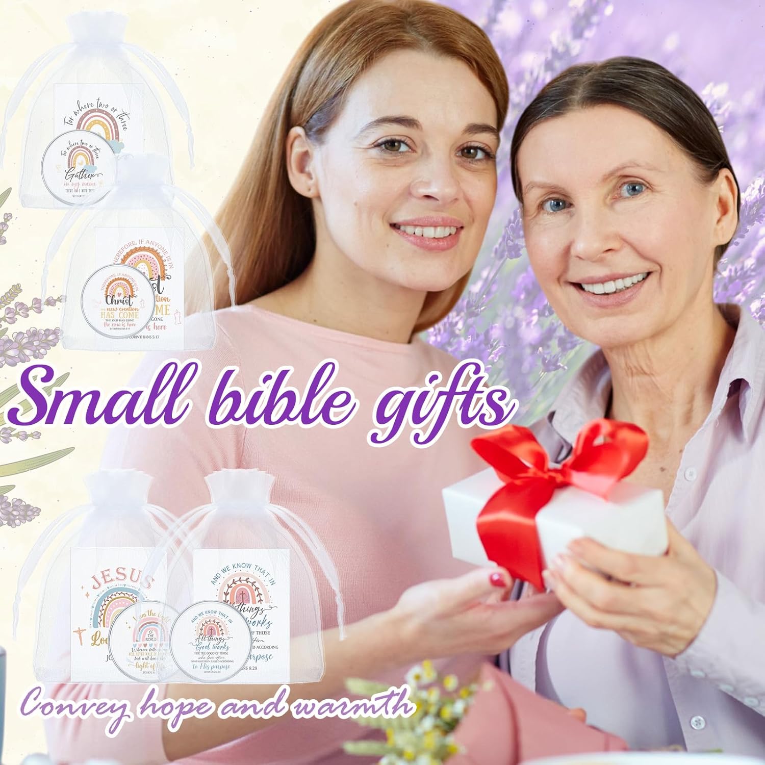 48 Pack Christian Scented Candle Bulk Bible Verse Candle with Scripture Cards Gift Bags 0.3 oz Religious for Women Church Baptism Prayer Party Guest(Boho,Rainbow)