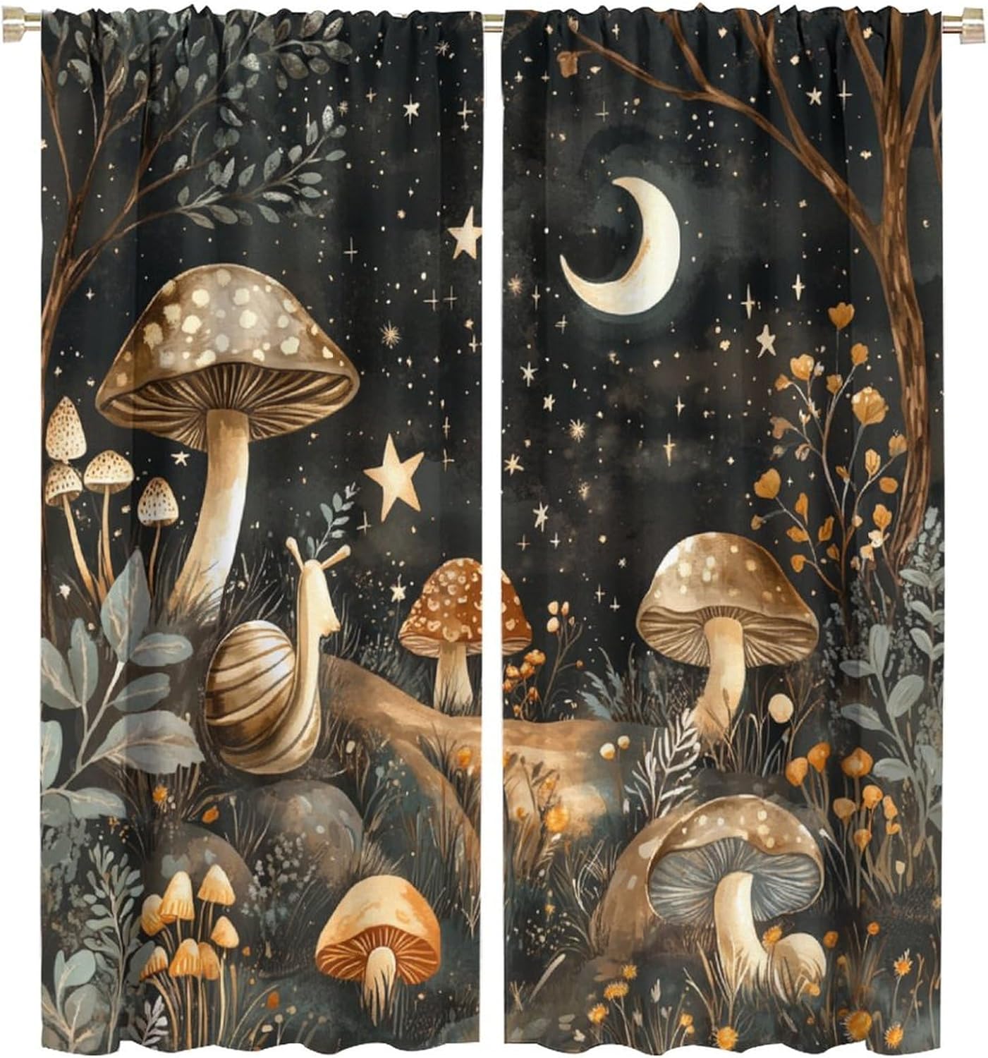 Mushroom Moon Snail Blackout Curtains for Bedroom/Living Room, Forest Star Night Curtains Rod Pocket Thermal Insulated Window Drapes, 2 Panels/Each 21" W x 45" L