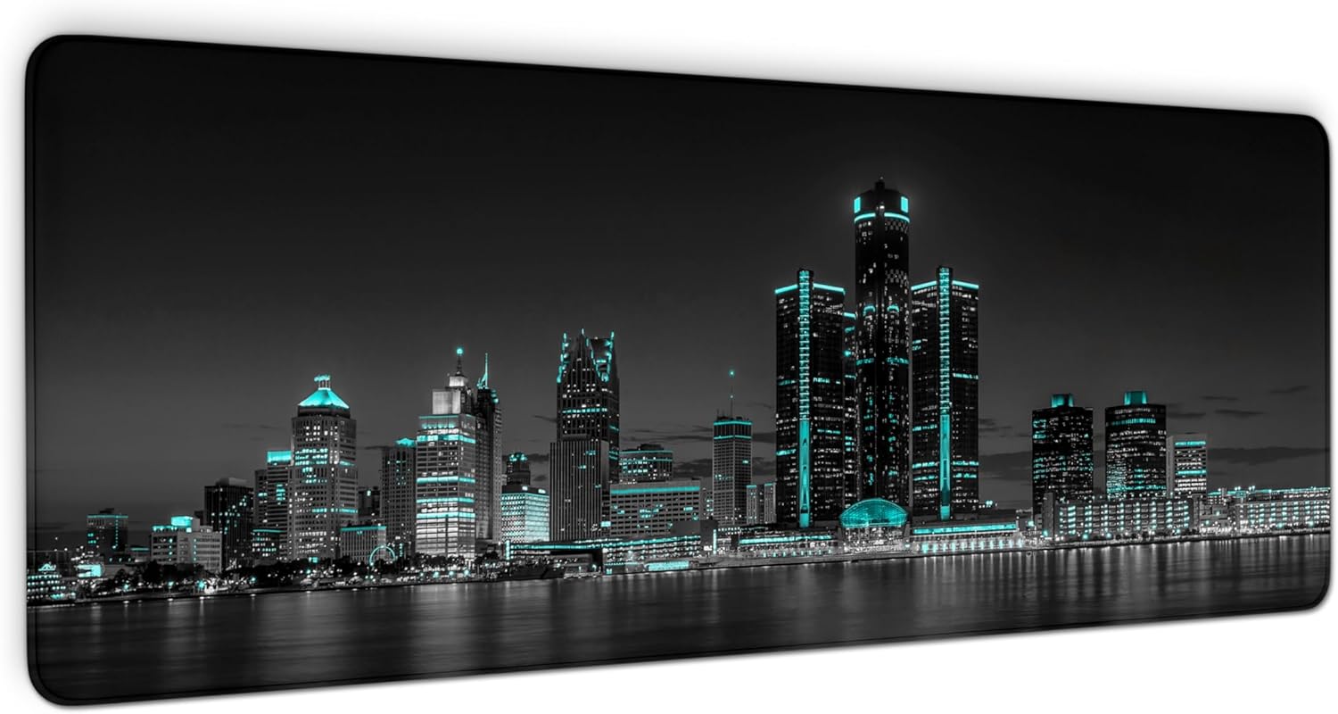 Detroit Mouse Pads, Michigan Skyline Desk Mat, Waterproof Mousepad with Stitched Edges, Non-Slip Base, Black and White City Keyboard Pad for Office & Home, 31.5 x 11.8 Inch, 3mm Thick