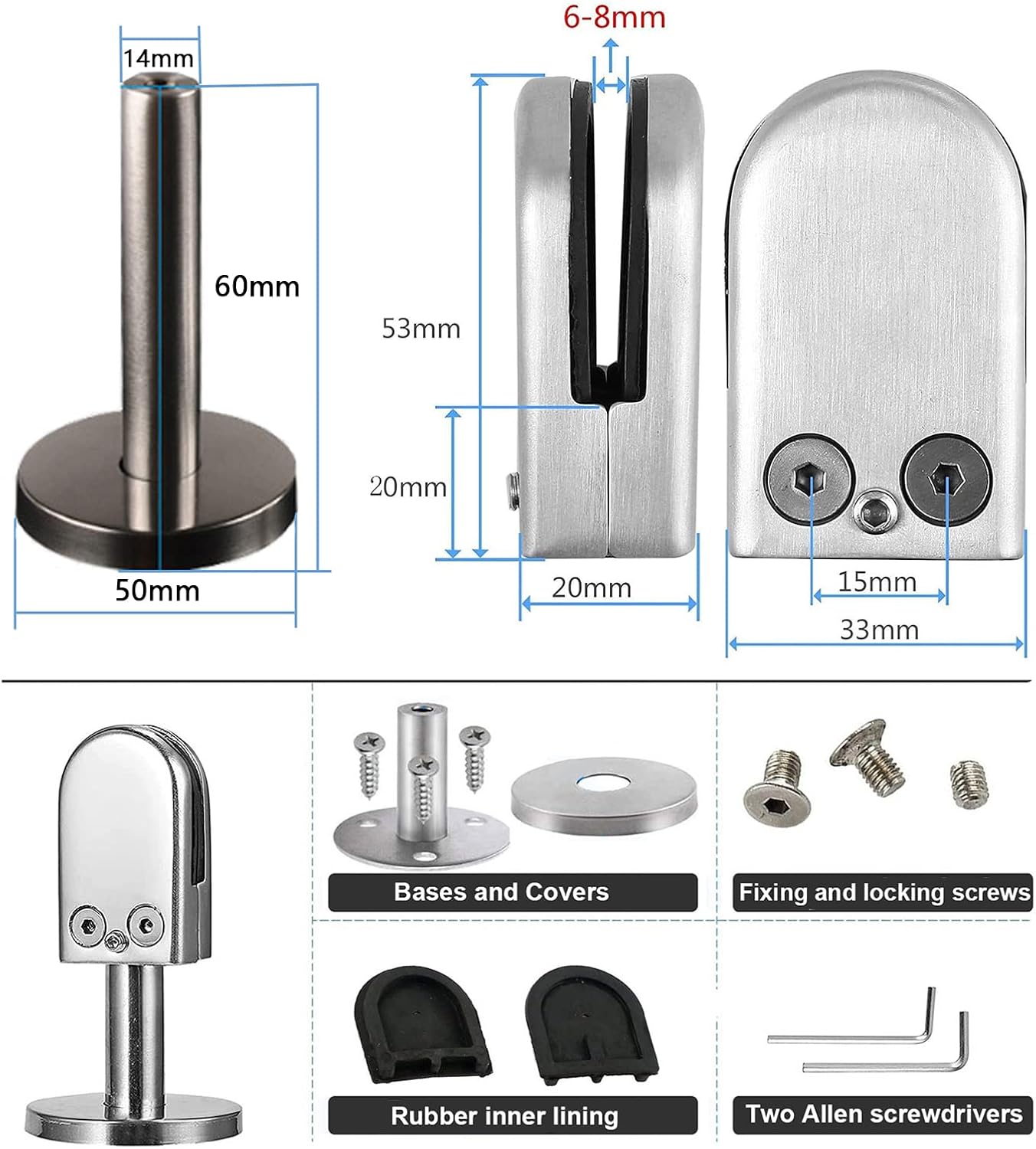 2pcs Glass Bracket for Tempered Glass, for 1/3"-2/5"-1/2" Thick Glass, Stainless Steel 304 Flat Back Round Glass Clip, for Bathroom Glass Doors, Railings