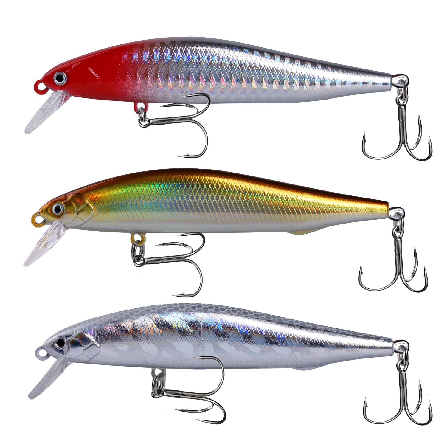 Fishing Lure Kit, Bass Fishing Lures with Lifelike 3D Eyes, Slow-Sinking Lures, Surf Fishing Striper Bass Lures, Saltwater and Freshwater Fishing Gear