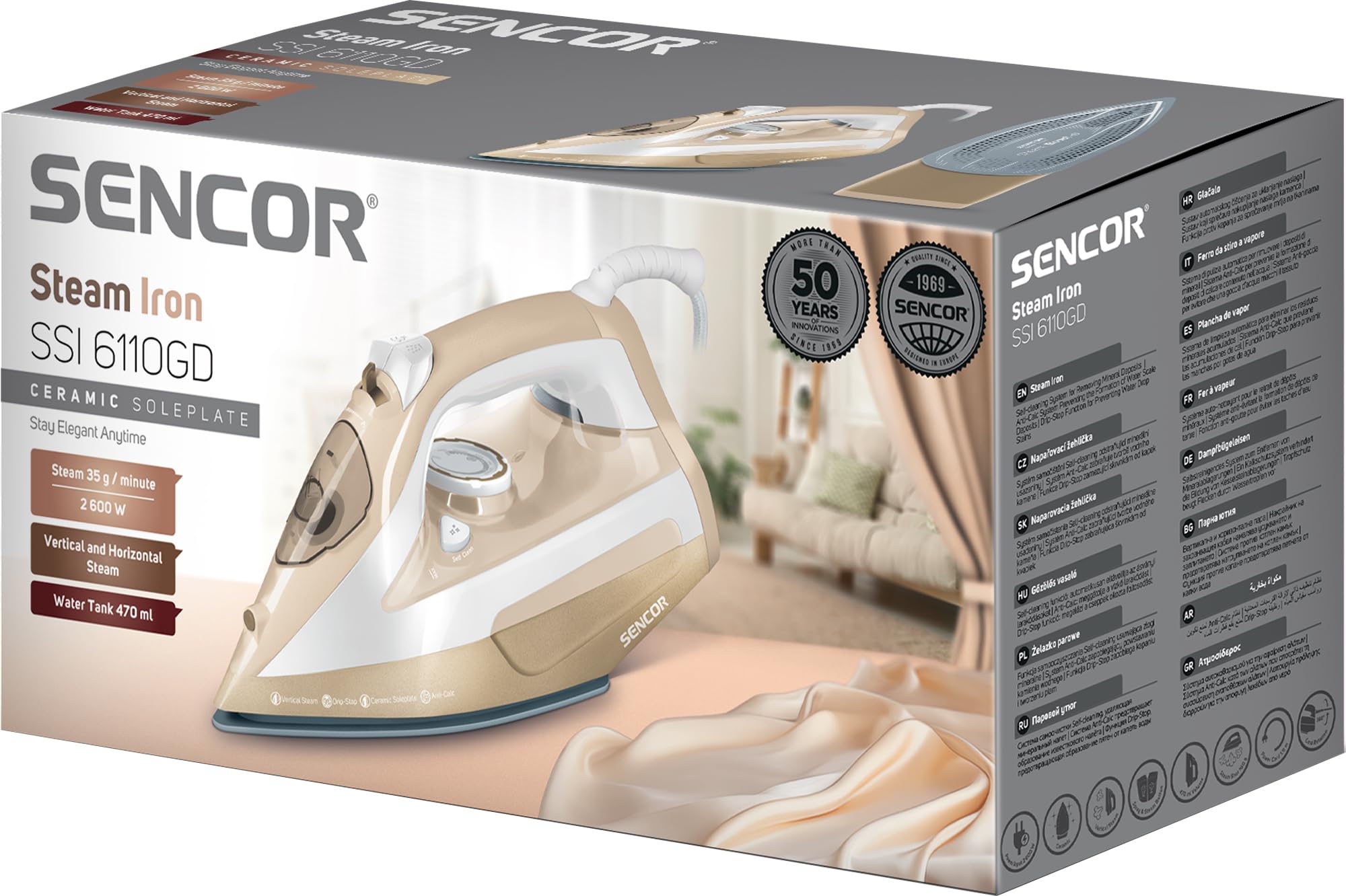 Sencor ferro da stiro a vapore con piastra in ceramica, 2600w, colpo vapore 160 g/min, anticalcare, stiratura verticale, serbatoio 470 ml, tecnologia anti-goccia, cavo 1,9 m