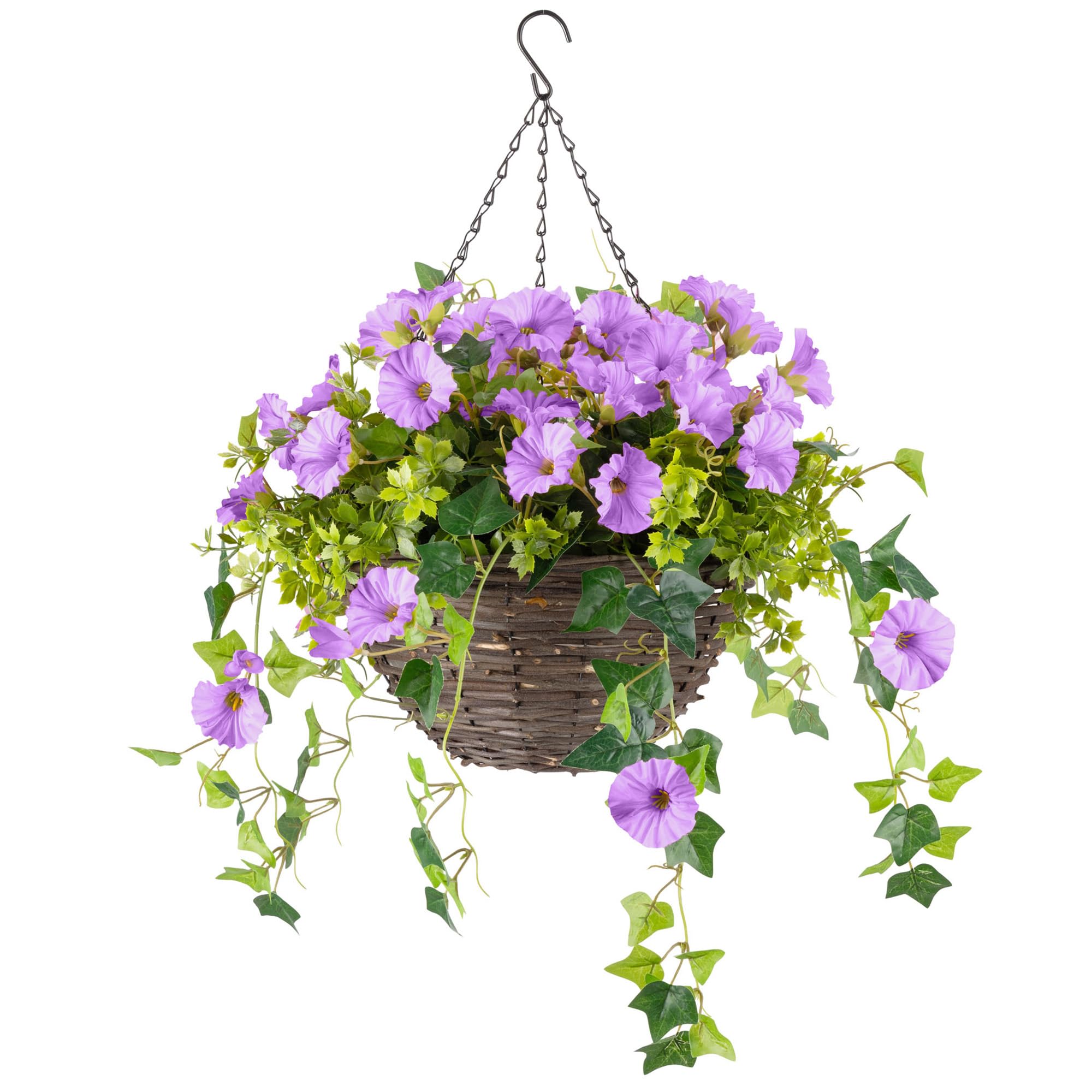 CHRISTOW Artificial Petunia Hanging Basket – Ready to Hang Wicker Garden Planter with Purple Flowers, Gypsophila & Ivy, UV-Resistant PE Leaves, Pre-Fitted Triple Steel Chain, 30cm Basket Diameter