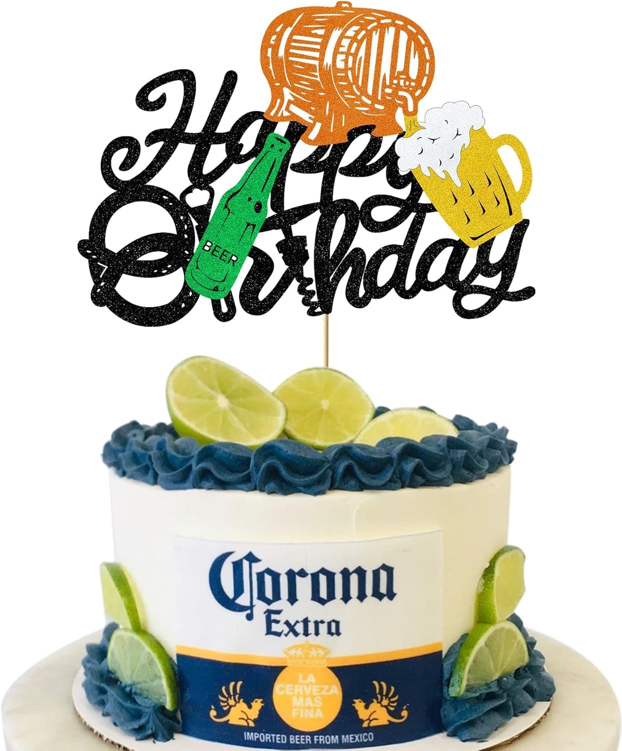 Glitter Beer Happy Birthday Cake Topper, Beer Themed Birthday Cake Decorations for Adults Men Women, Beer Mug Barrel Bottle Design for Birthday Party Supplies