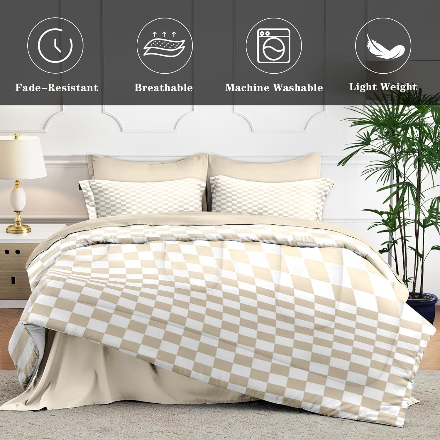 Plaid Checkerboard Grid Geometric Beige Comforter Set 7 Pcs Queen Size Quilt, Modern Checkered Op Art Soft Bedding Set with Flat and Fitted Sheet Pillowcases Sham for Adults Bedroom Bed Decor - Image 4