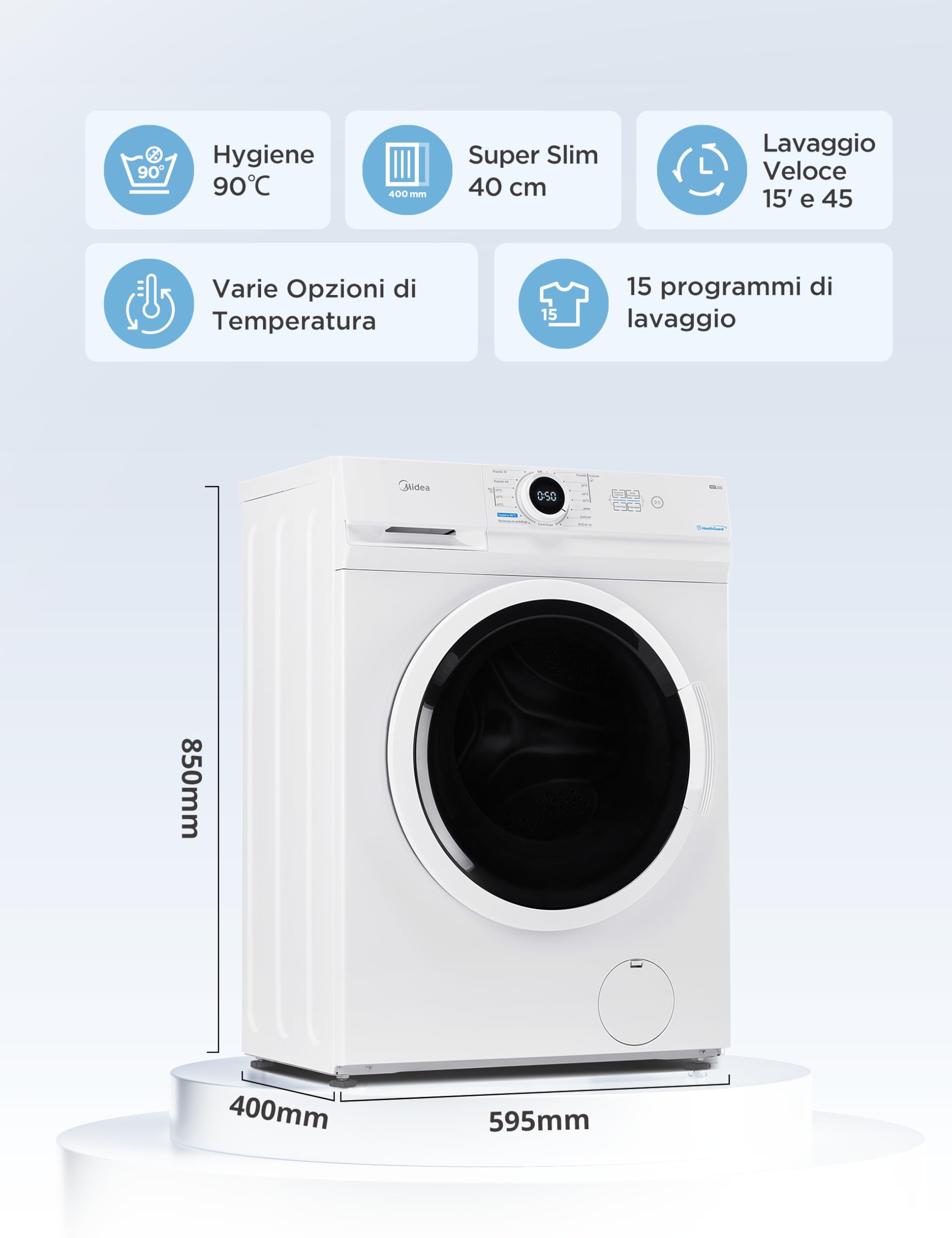 Midea MF100W70/E Lavatrice Carica Frontale 7 Kg,40 cm Deep Slim Design,1200 giri,Programma Rapido,Opzioni temperature multiple,15 Programmi,bianco