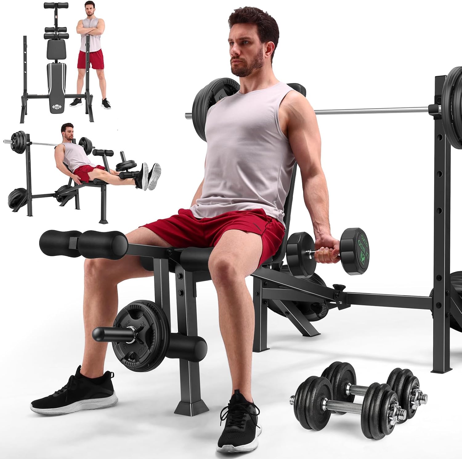 ANCHEER Weight Bench, 3 Sec Foldable Workout Bench with Squat Rack Leg Extension & Leg Curl, 900LBS Adjustable Bench Press for Home Gym, Standard Strength Training Bench