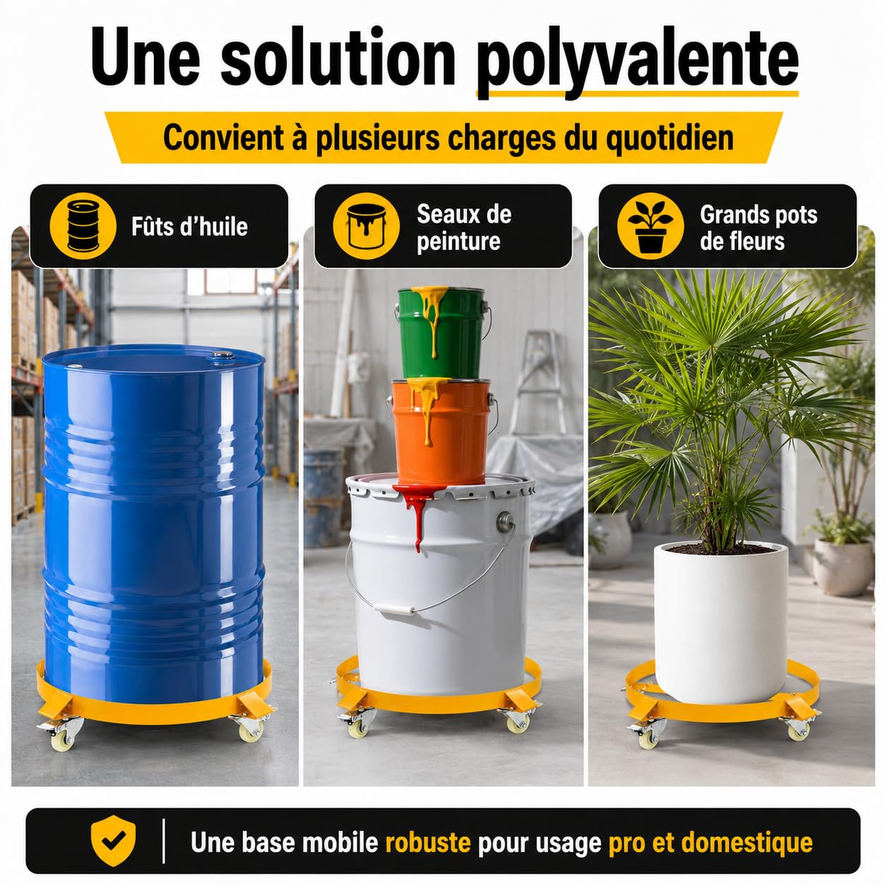 Chariot à fût de 544 kg pour fût d'huile de 55 gallons, chariot de tonneau robuste avec 4 roulettes pivotantes en polyuréthane (2 avec frein), chariot de transport robuste en acier Q235 pour entrepôt