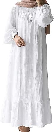 ABEWIP Muslim Dresses for Women One-Piece Long Sleeve Round Neck Islamic Prayer Dress Abaya Kaftan Dubai Casual Dress