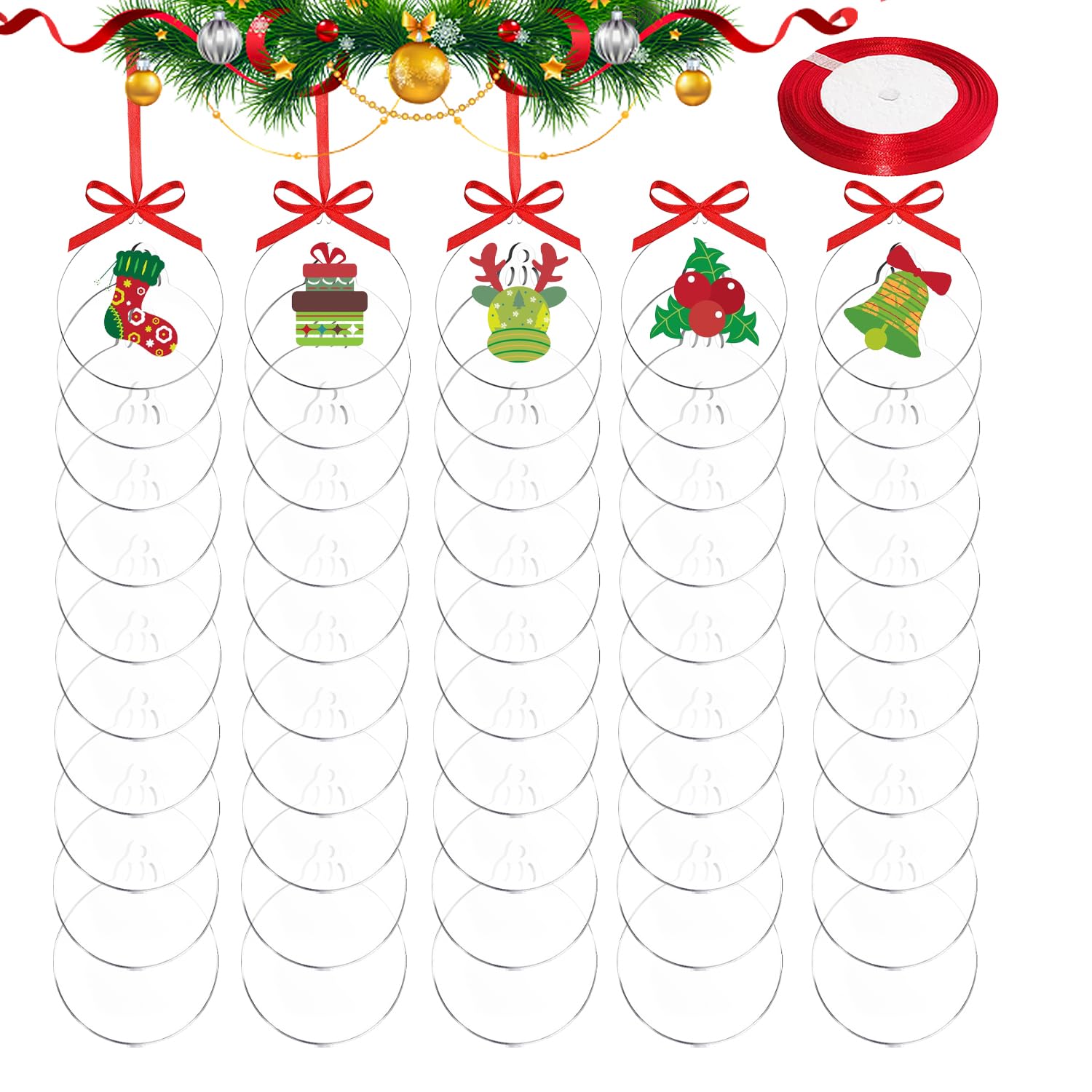 DARENYI Acrylic Baubles Blanks for Xmas Christmas Hanging Ornaments Craft Blanks Circles Acrylic Discs with Hole Clear Perspex Discs for Christmas Tree Hanging DIY Decoration Red Ribbon(50pcs