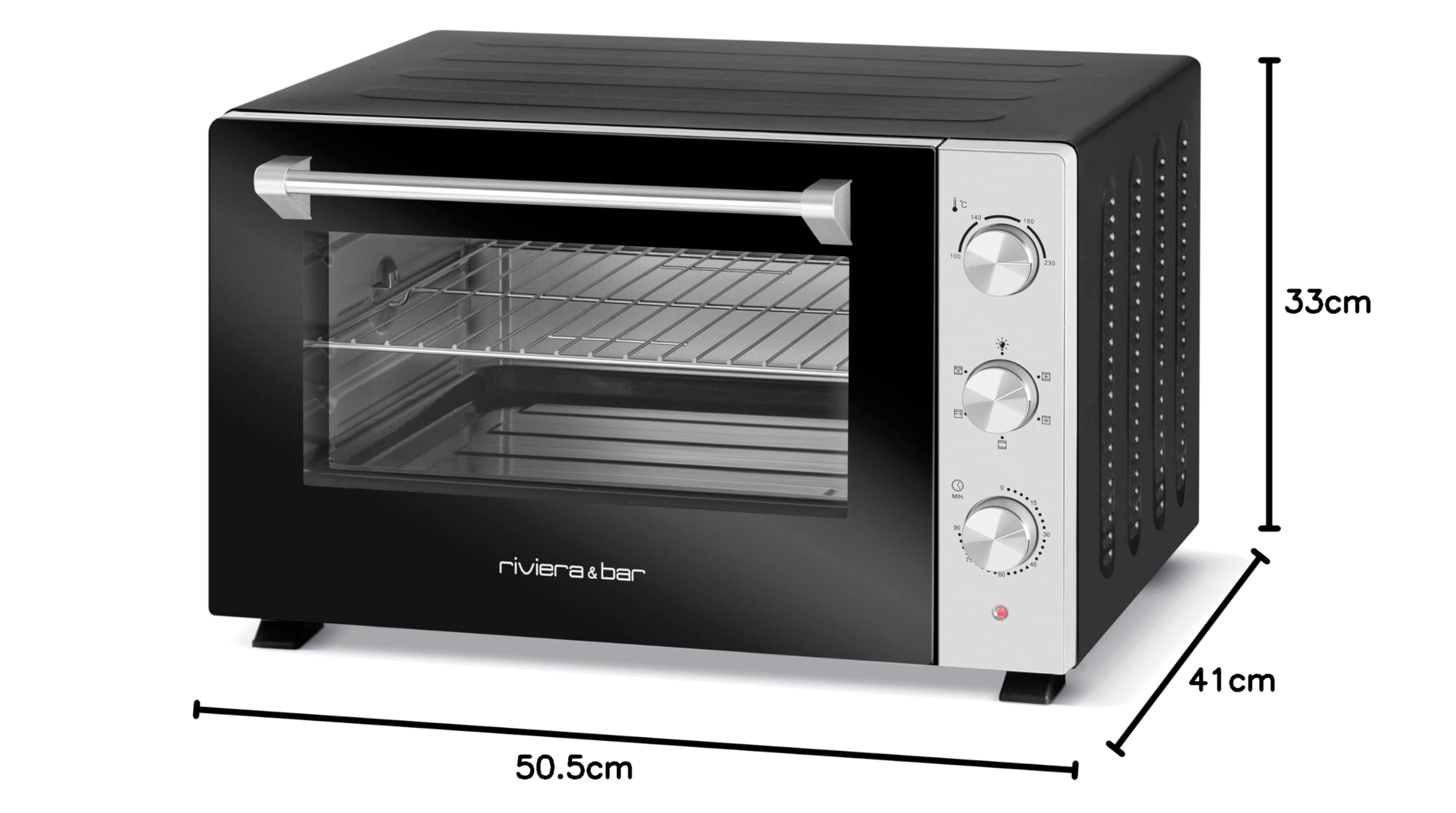 riviera&bar Four Posable Parois Tempérées - 1500W, 30L Inox - 5 Modes de Cuisson - Minuterie 90 min - Double Paroi Isolante - Accessoires Inclus - Noir Mat