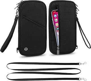 Passport Wallet, RFID Passport Holder with Vaccine Card Slot, for Family and Women & Men, Travel Document Organizer with Removable Wristlet Crossbody Strap (Black)
