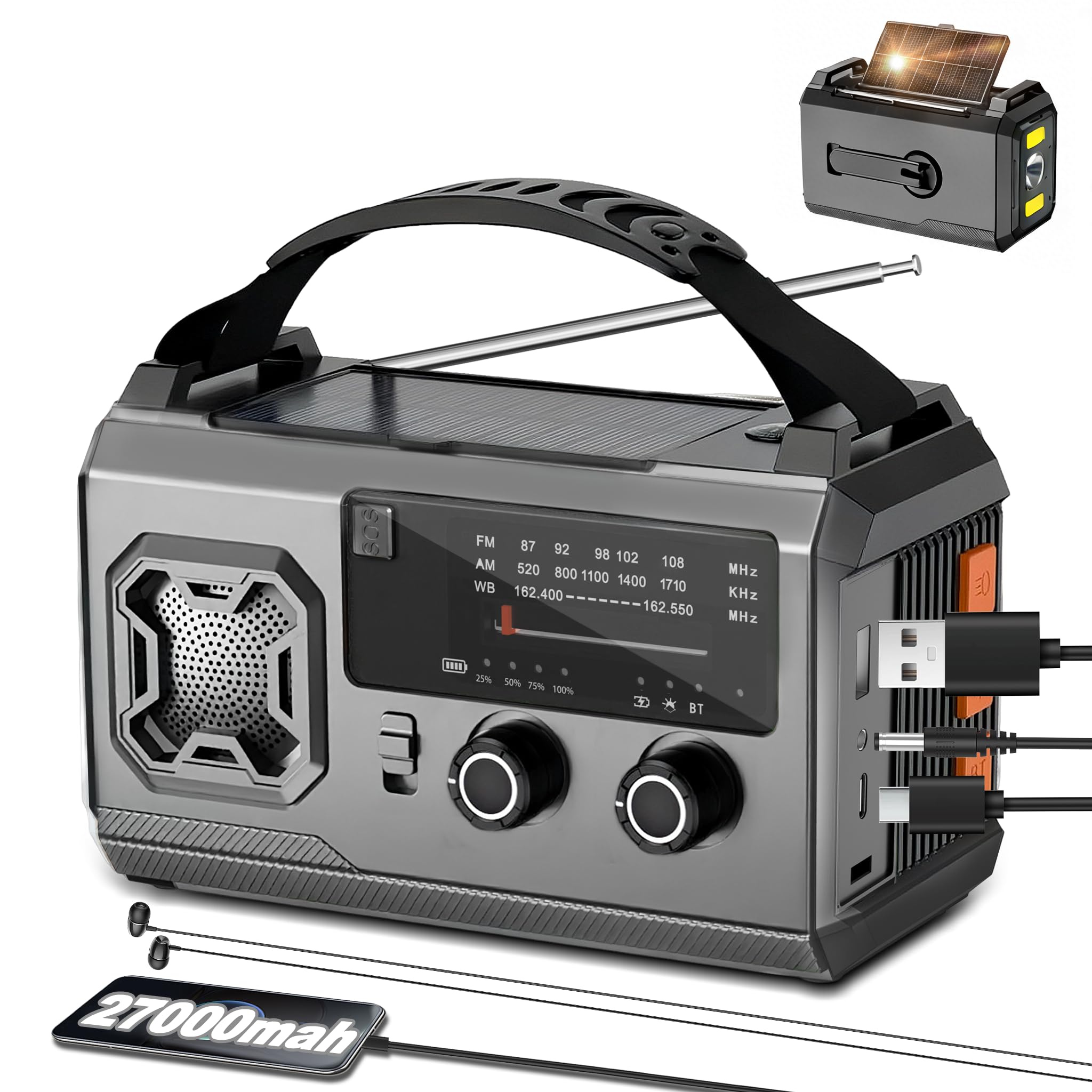 Radio Solar de Emergencia con Manivela, Powerbank 27000mAh (Gris)
