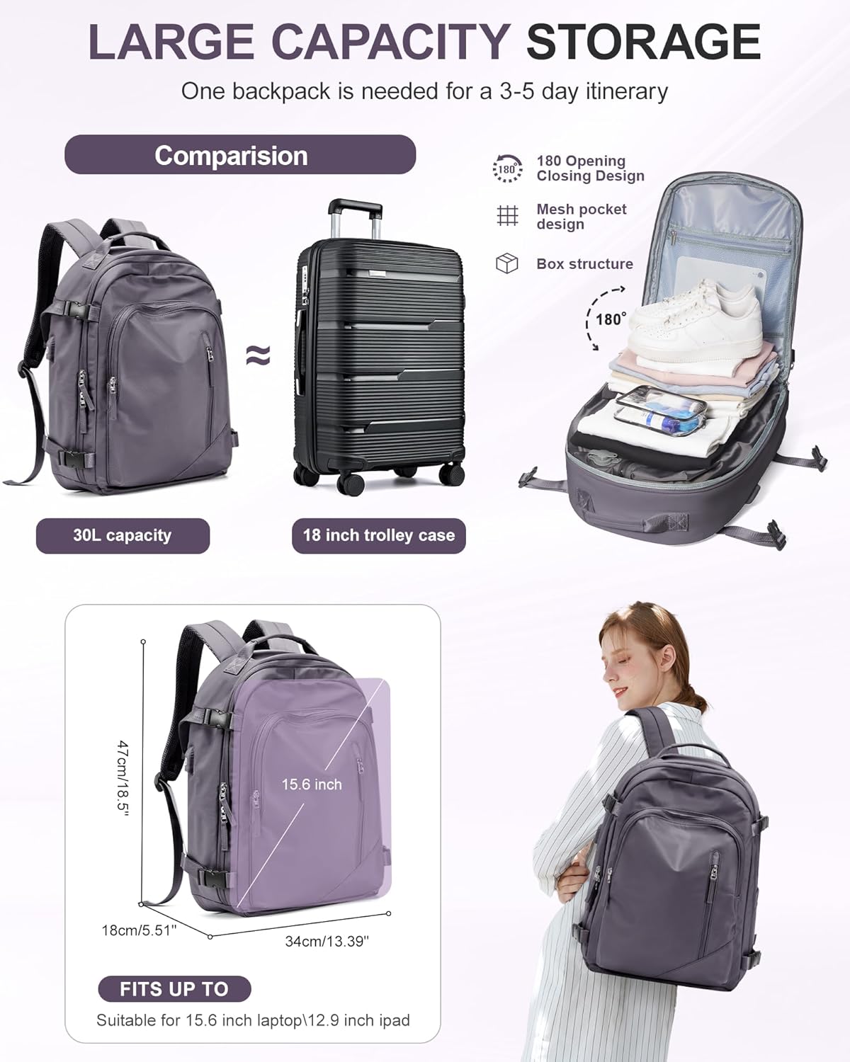 Travel Vacuum Backpack for Women Men, Vacuum Seal Compression bag with Electric Pump, Waterproof Carry On Suitcase Luggage Flight Approved Personal Item Bag with USB Charger, Purple - Image 2