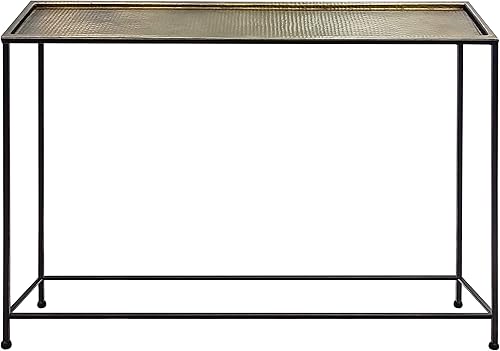 The Urban Port Aurelia - Mesa de sofá consola de 48 pulgadas, bandeja de bronce antiguo martillada artesanal, marco industrial de hierro negro disponible en Yaxa Peru