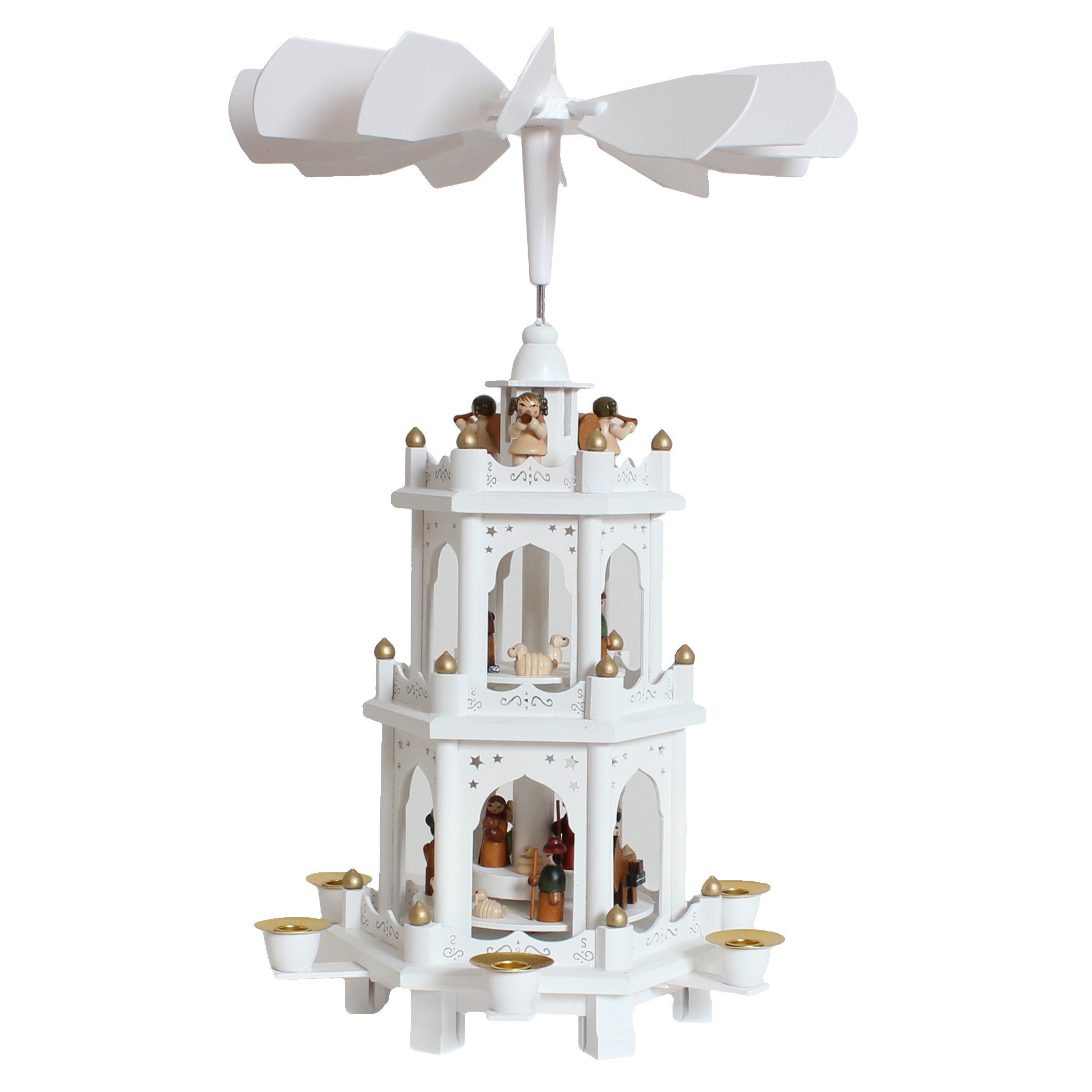 BRUBAKER Weiße Weihnachtspyramide inkl. 50er Pack Pyramidenkerzen Weiß - Holzpyramide mit 3 Etagen & Holz Figuren Handbemalt - 45 cm Pyramide Weihnachten - Drehbare Tischpyramide