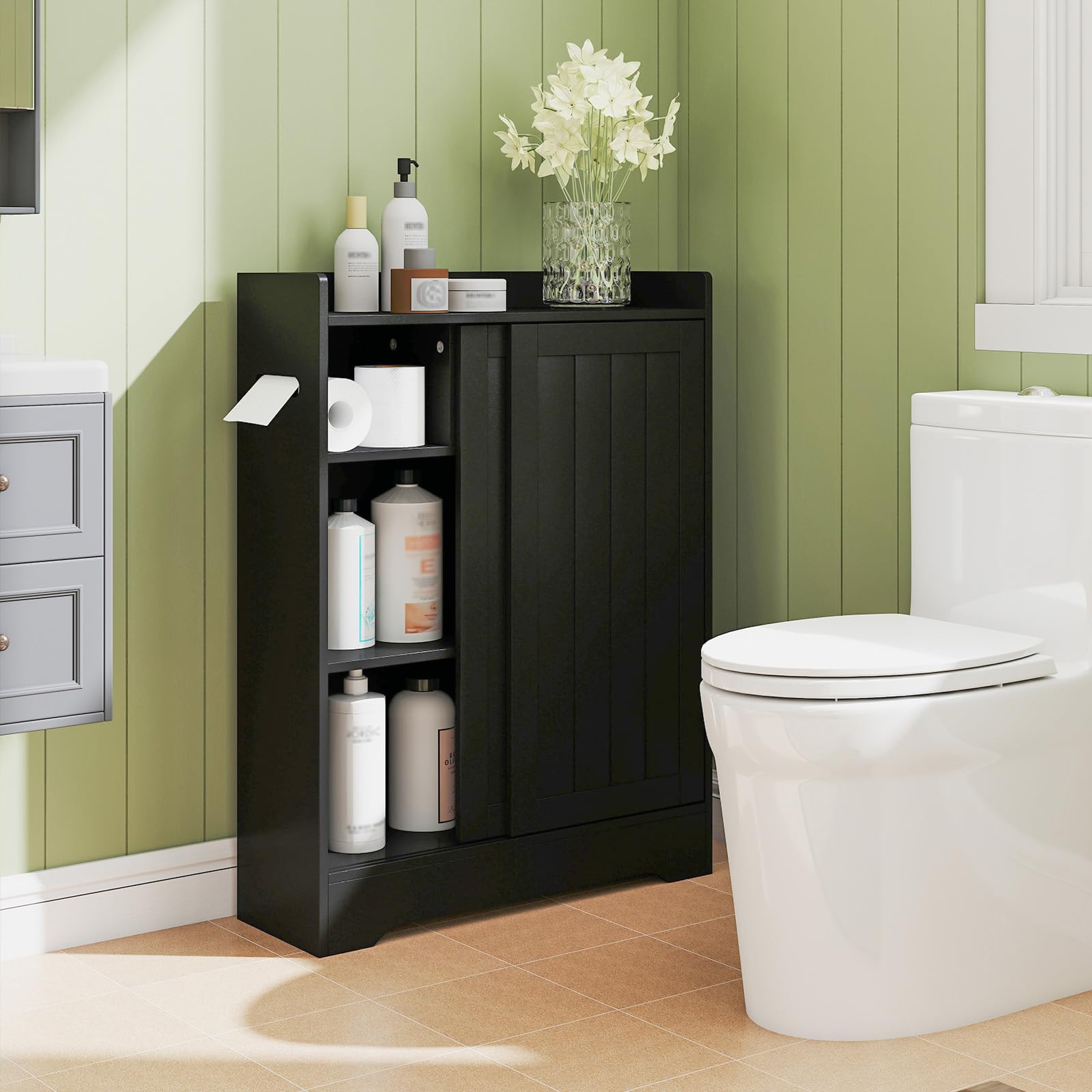 COSTWAY Meuble Salle de Bain, Armoire de Rangement avec 2 Porte-Papier Toilette, Portes Coulissantes, pour Brosse WC, Étagères Réglables, Placard, pour Petits Espaces, 20 x 60 x 80 cm (Noir)