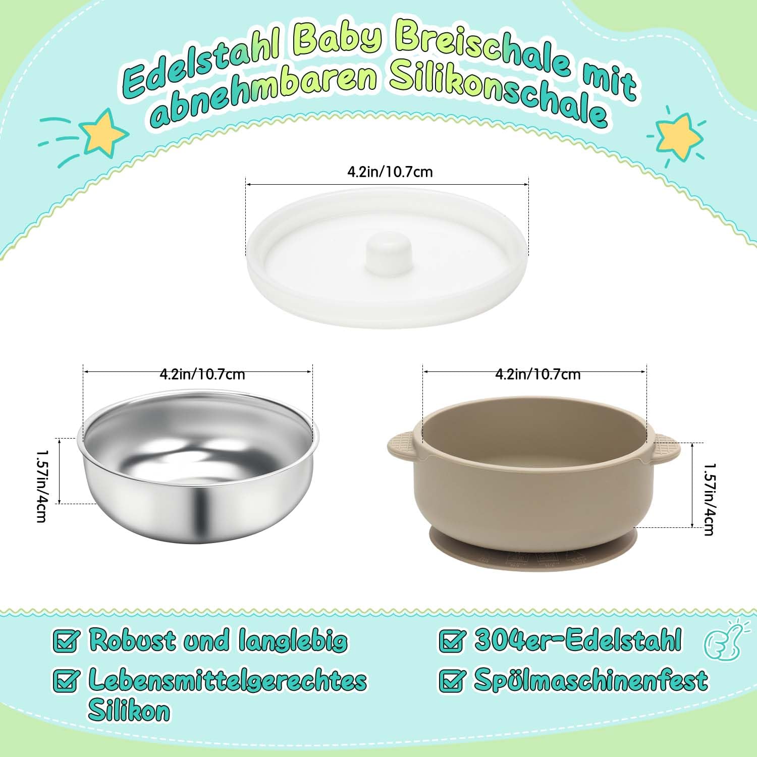 3 ciotole in acciaio inox con ventosa e coperchio, in acciaio inox, per bambini, antiscivolo, per porridge e snack, senza BPA, lavabile in lavastoviglie