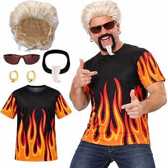 Men's Flame Shirt Halloween Costume Set with Wig, Mustache, Earrings, and Sunglasses