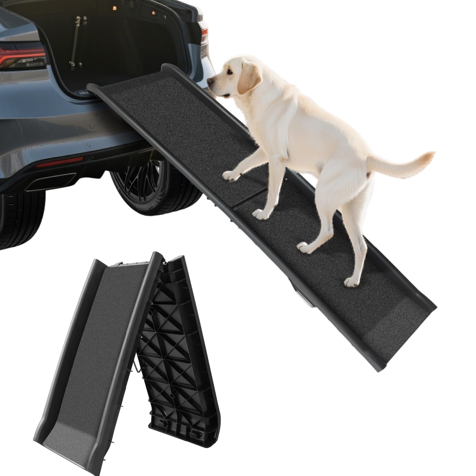 Folding Dog Ramp for Cars, Heavy Duty Pet Ramp with 90kg/198lbs Capacity & Non-Slip Frosted Surface – Lightweight & Portable Plastic Ramps for Large Dogs, SUVs, Trucks, Beds – Easy Fold & Store