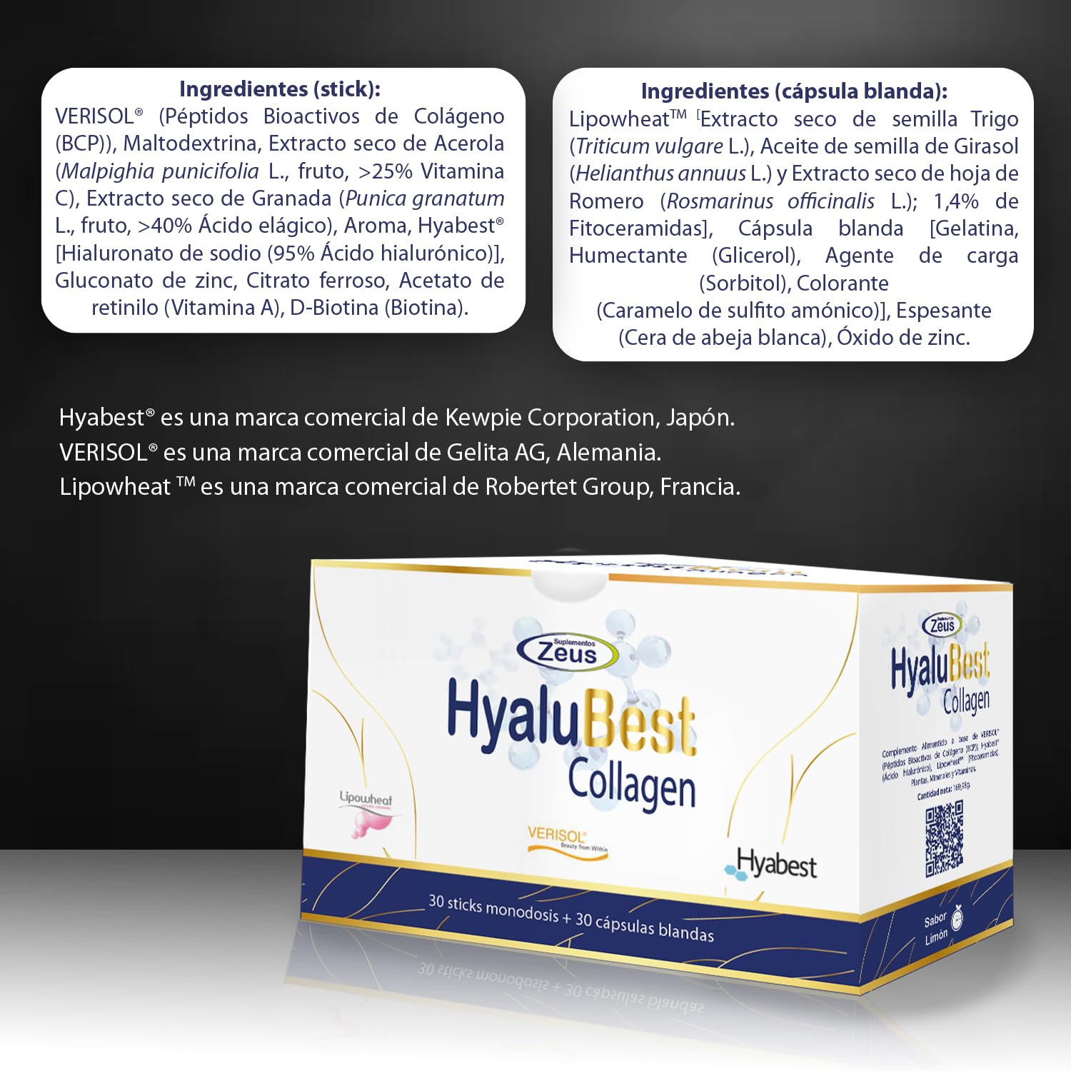 HYALUBEST COLLAGEN Suplementos Zeus Complemento Avanzado para Piel, Cabello y Uñas con Péptidos de Colágeno, Ácido Hialurónico y Antioxidantes, 30 sobres + 30 cápsulas blandas
