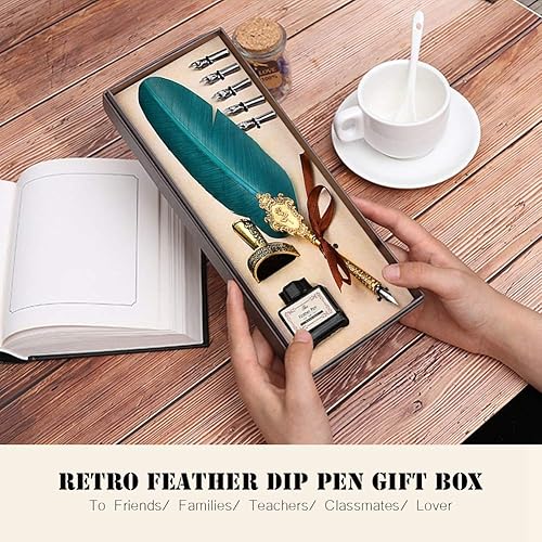 Miniatura 6 de AYNEFY Juego de bolígrafos de plumas, pluma de inmersión vintage, pluma de caligrafía con 5 puntas de repuesto, base de punta de pluma, botella de