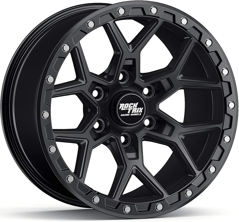 RockTrix RT107 17 inch Wheel for 2004-2026 Ford F150, 17x9 6x135 Rims -12mm Offset, 4.5in Backspacing, Matte Black, 2200 lb Weight Rating, Also compatible with Bronco Raptor