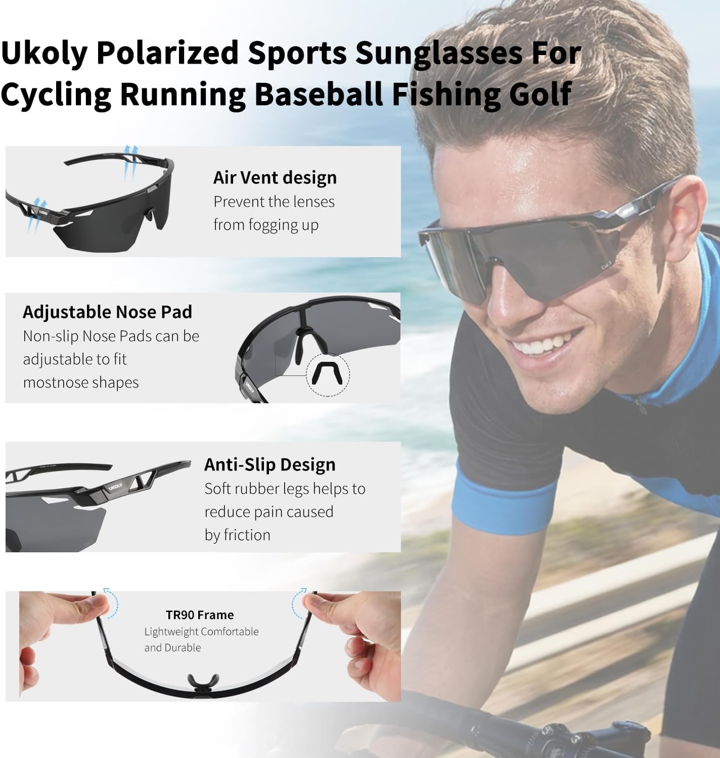 Ukoly Polarized Sports Sunglasses for Men Women,Sun Glasses for Running Cycling Baseball Fishing Golf UV400 Protection