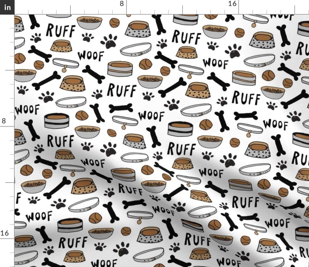 Spoonflower Fabric - Cute Dog White Bone Food Bowl Pet Illustration Dogs Puppy Paw Print Printed on Petal Signature Cotton Fabric by The Yard - Sewing Quilting Apparel Crafts Decor