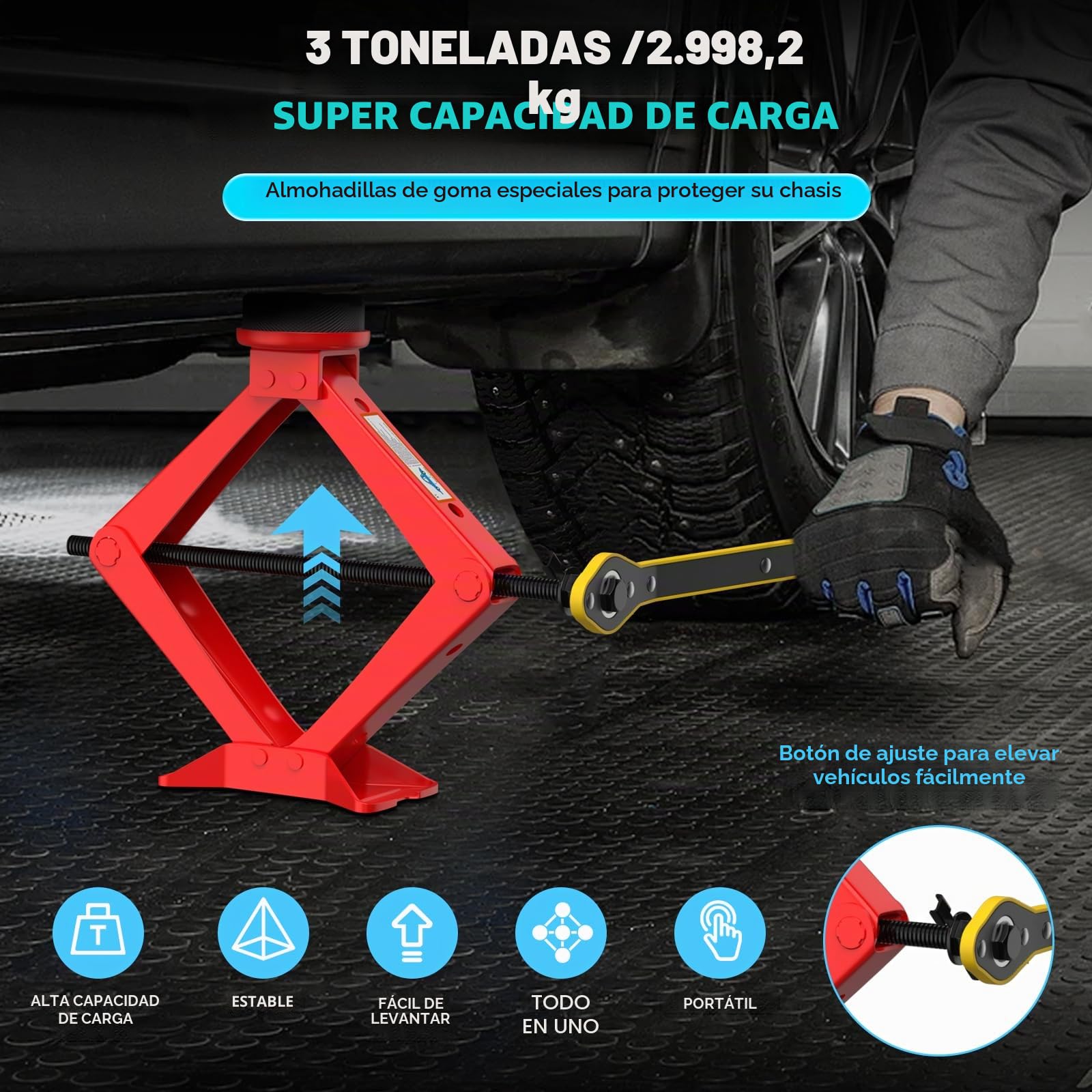 IMAYCC Nueva Actualización Gato para Coche 3T/3000kg,Kit de Gato Coche Universal con 2 Piezas Bloque de Goma, Portátil Kit de Emergencia con Llave de Tuercas de Rueda para SUV MPV Tesla