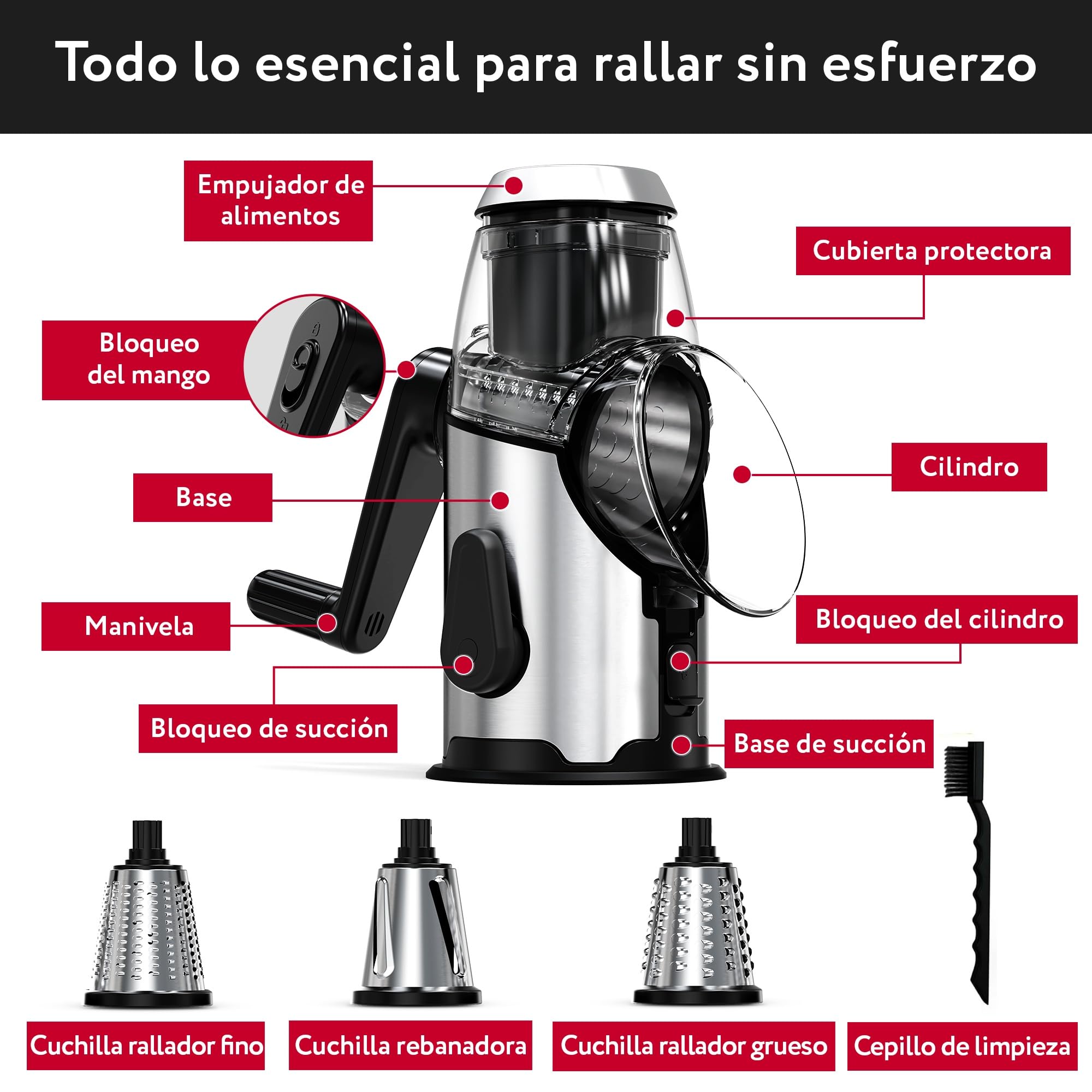 Rallador de Queso con Manivela - Rallador Verduras Inox con 3 Cuchillas de Tambor Intercambiables - Rápido y Fácil - Base Antideslizante - Rallador de Cocina para Queso Pepino Zanahoria Patata