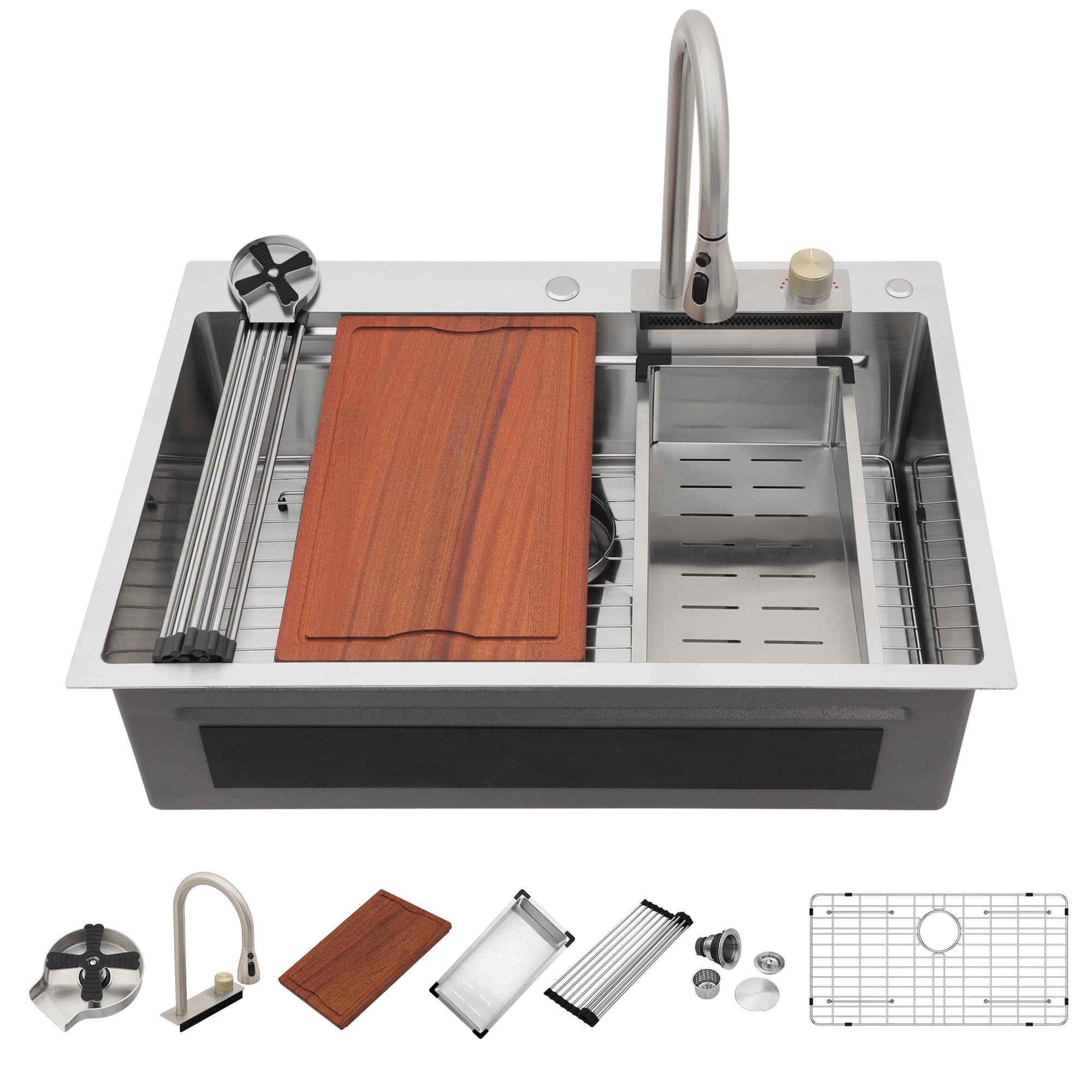 Dcolora 33x22 Waterfall Kitchen Sink Smart Workstation Sink with Faucet Combo 304 Stainless Steel 16 Gauge Drop In Single Bowl Multifunctional Top Mount Sinks DC-SFDOE00011, 33 inch Brushed Nickel