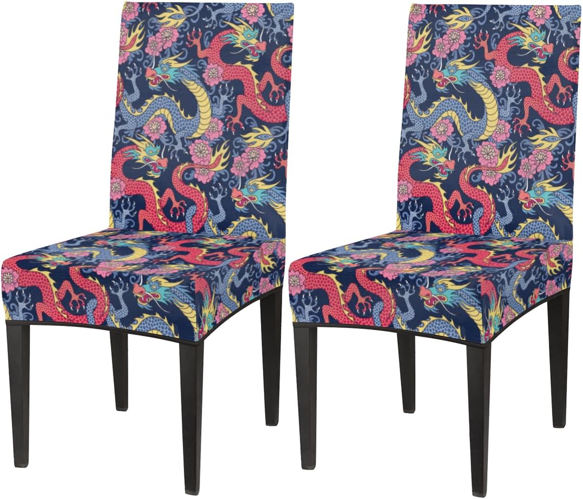 KOBLEN Fun Chinese Dragon Theme Stretch Chair Covers Set of 2, Parson Chair Protectors Slipcover Kitchen Seat Cover for Chairs Dining Room Home Party
