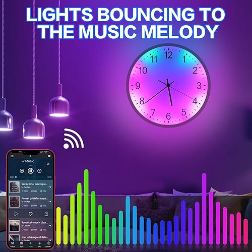 Miniatura 4 de Koolertron Reloj de pared RGB de 12 pulgadas, aplicación y control remoto, sincronización de música, reloj de pared LED, brillo ajustable, marco de